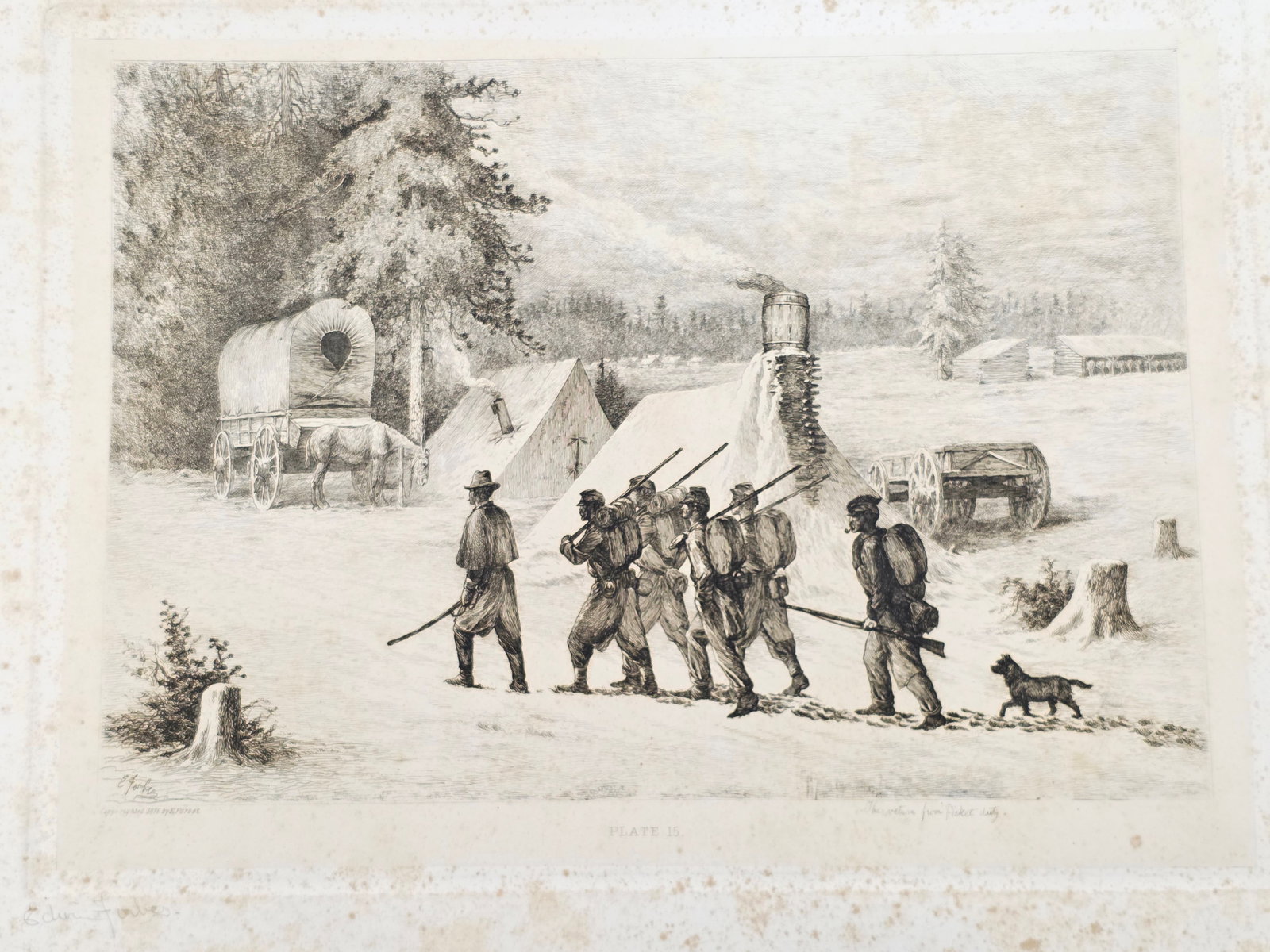 Original copper plate etching by artist Edwin Forbes SIGNED IN PENCIL BY ARTIST no.15: Original copper plate etching by artist Edwin Forbes SIGNED IN PENCIL BY ARTIST From "Life Studies of the Great Army," a portfolio of 40 copperplate etchings by Edwin Forbes, published in 1876 by Henr