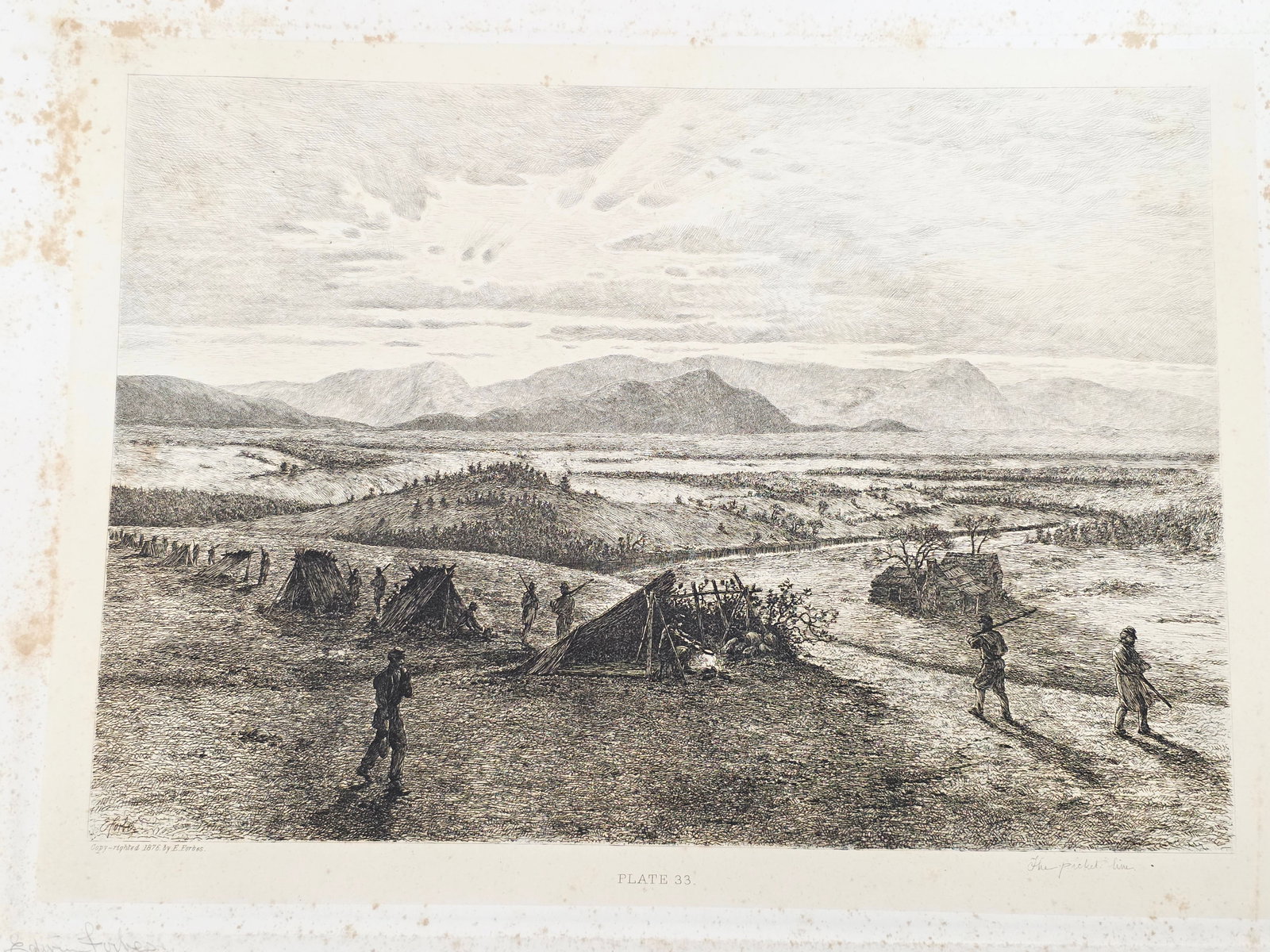 Original copper plate etching by artist Edwin Forbes SIGNED IN PENCIL BY ARTIST no.33: Original copper plate etching by artist Edwin Forbes SIGNED IN PENCIL BY ARTIST From "Life Studies of the Great Army," a portfolio of 40 copperplate etchings by Edwin Forbes, published in 1876 by Henr