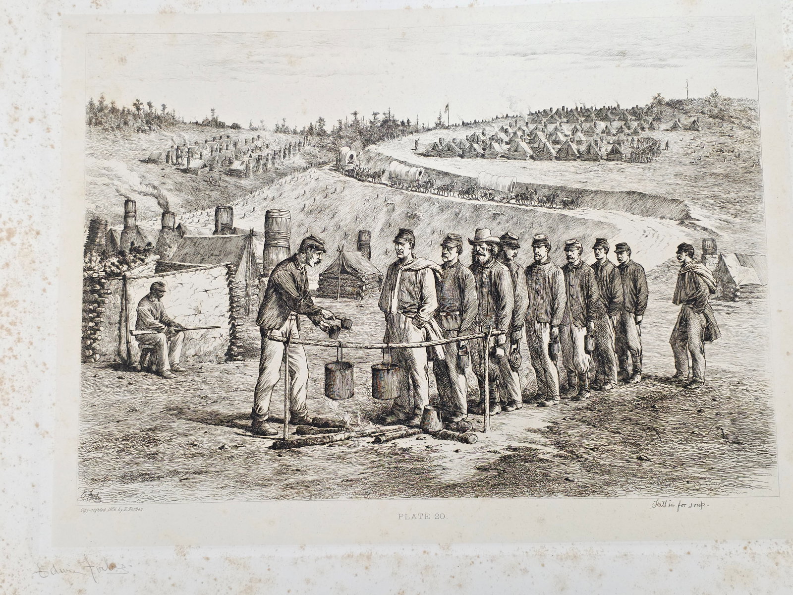 Original copper plate etching by artist Edwin Forbes SIGNED IN PENCIL BY ARTIST no.20: Original copper plate etching by artist Edwin Forbes SIGNED IN PENCIL BY ARTIST From "Life Studies of the Great Army," a portfolio of 40 copperplate etchings by Edwin Forbes, published in 1876 by Henr