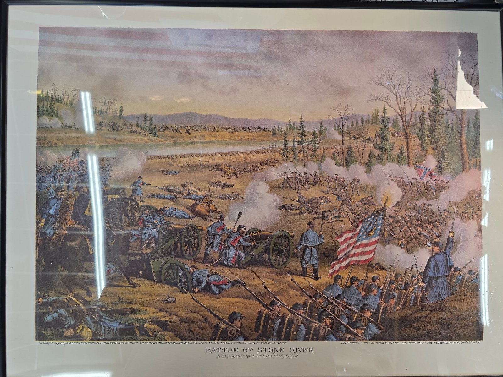 print of the Battle of Stones River, originally by Kurz & Allison, 24X17: print of the Battle of Stones River, originaly by Kurz & Allison, dated circa 1891.Artist/Publisher: The print was produced by the Chicago-based firm Kurz & Allison, famous for creating a series of st