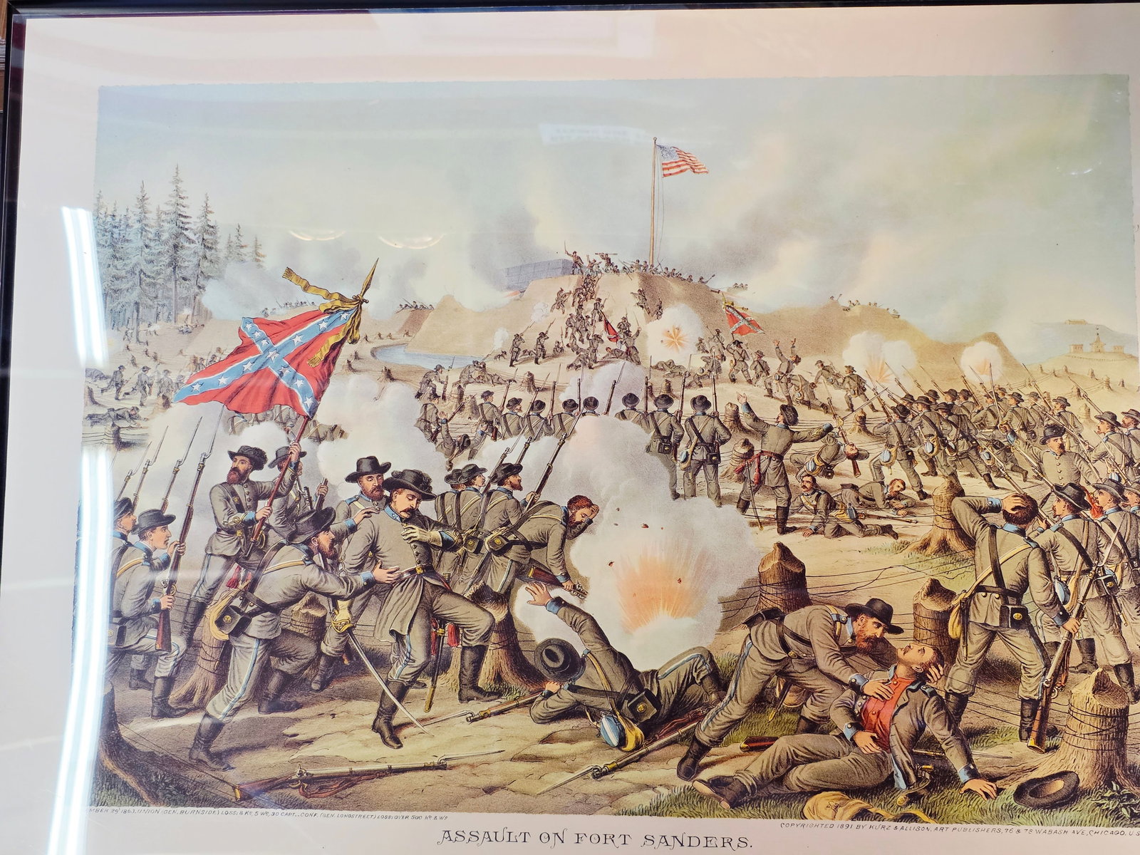 High Quality Newer Print, originaly by Kurz & Allison 24X17: The artwork was created and copyrighted by Kurz & Allison in19th century, company famous for creating a series of stylized American Civil War battle scenes in the late 1880s and early 1890s. This is a