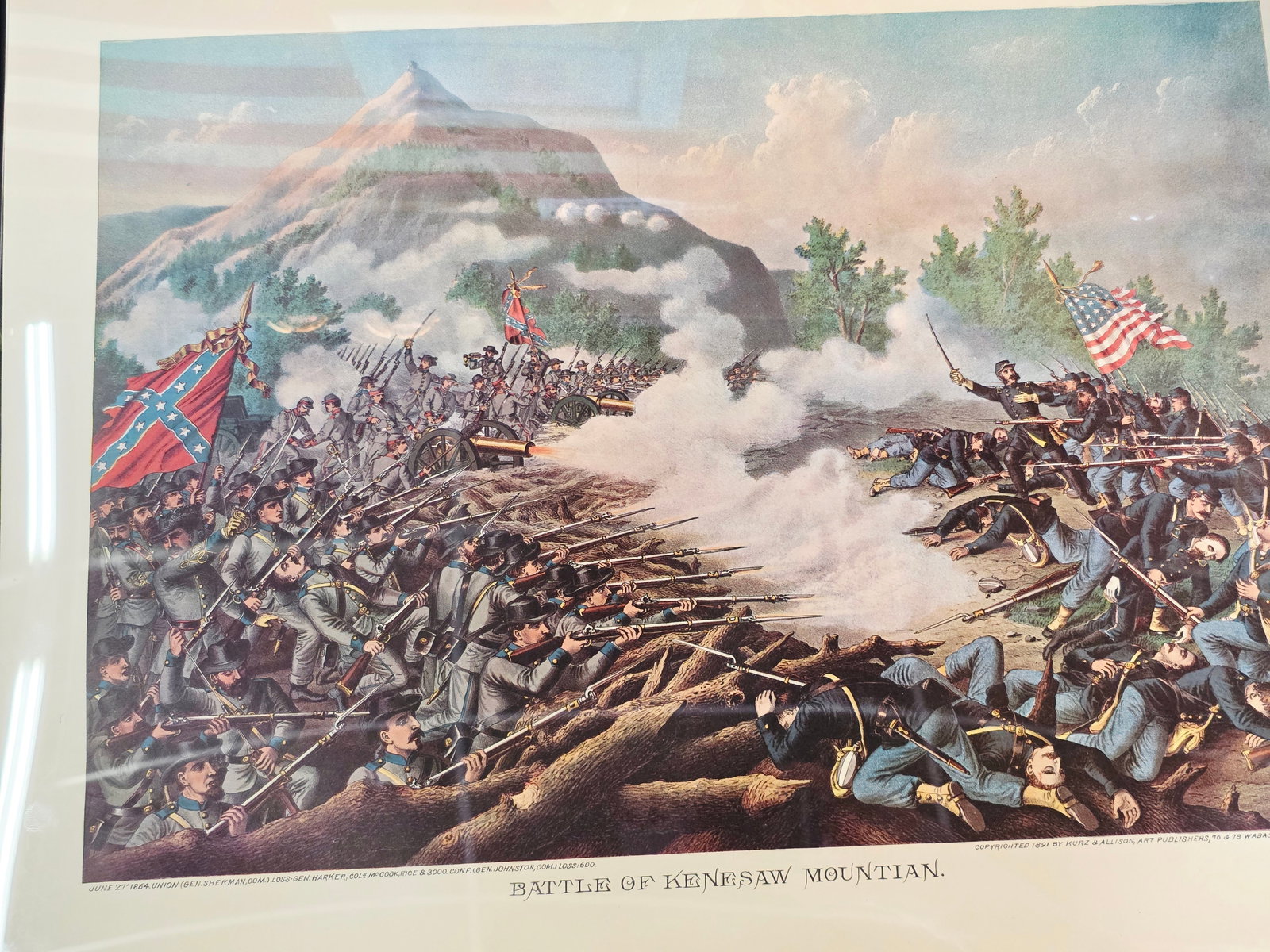 High Quality Newer Print, originaly by Kurz & Allison 24X17: The artwork was created and copyrighted by Kurz & Allison in19th century, company famous for creating a series of stylized American Civil War battle scenes in the late 1880s and early 1890s. This is a