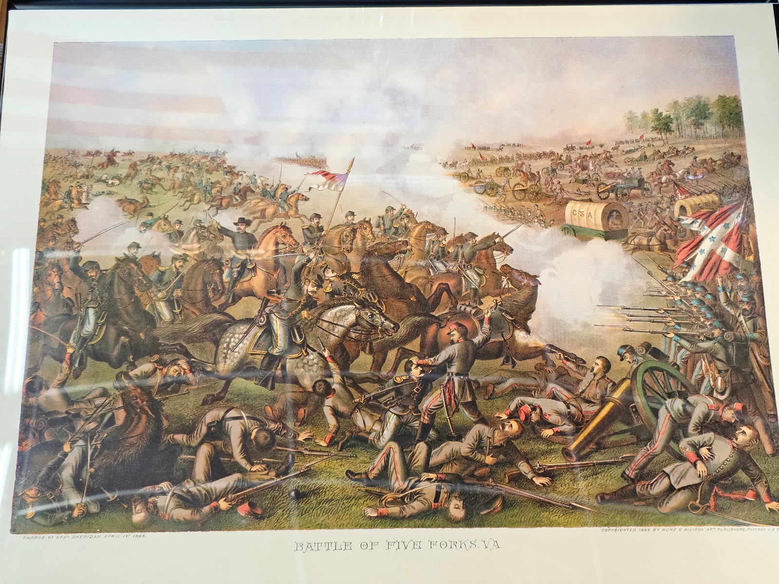 High Quality Newer Print, originaly by Kurz & Allison 24X17: The artwork was created and copyrighted by Kurz & Allison in19th century, company famous for creating a series of stylized American Civil War battle scenes in the late 1880s and early 1890s. This is a