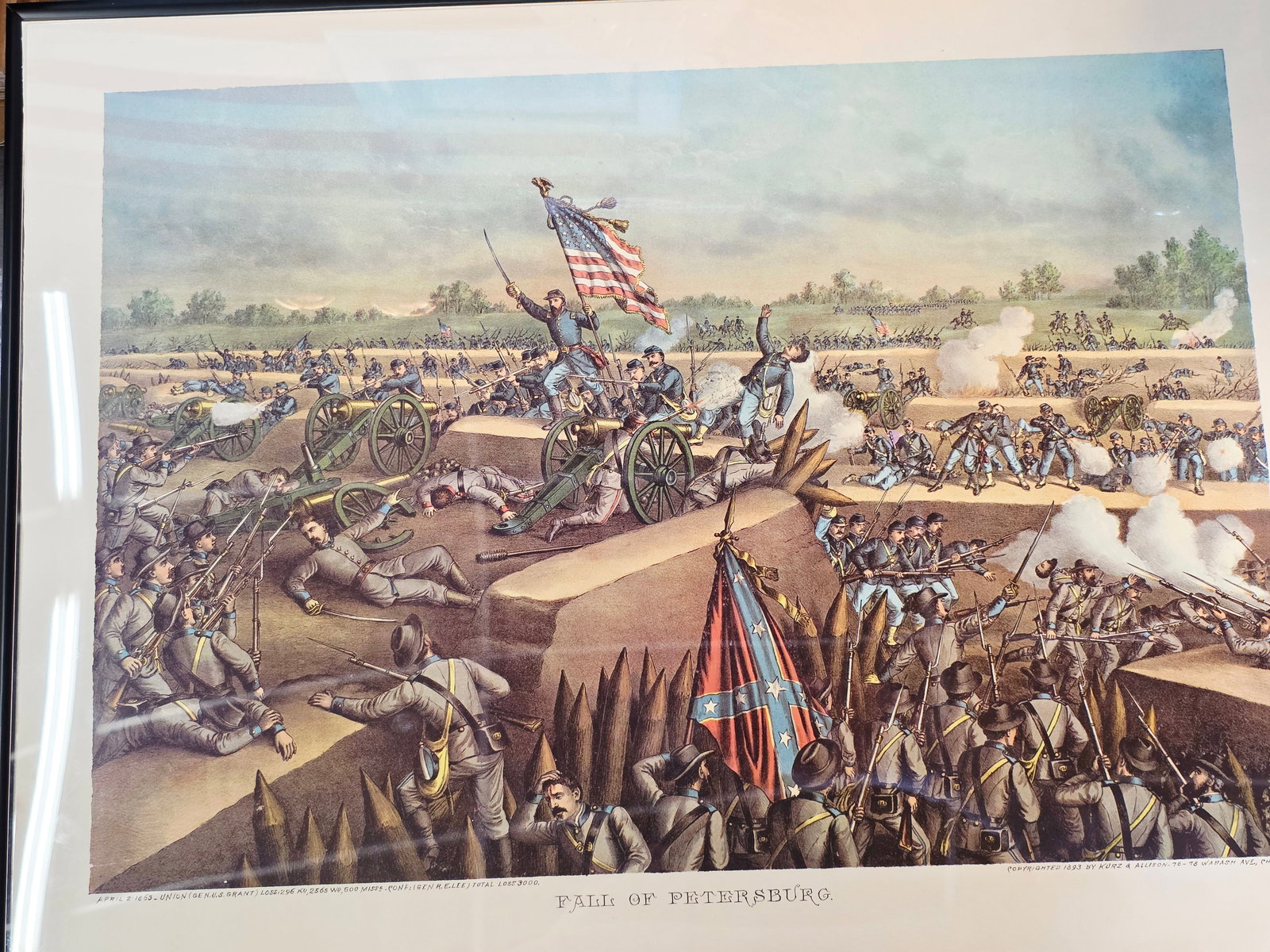 High Quality Newer Print, originaly by Kurz & Allison 24X17: The artwork was created and copyrighted by Kurz & Allison in19th century, company famous for creating a series of stylized American Civil War battle scenes in the late 1880s and early 1890s. This is a