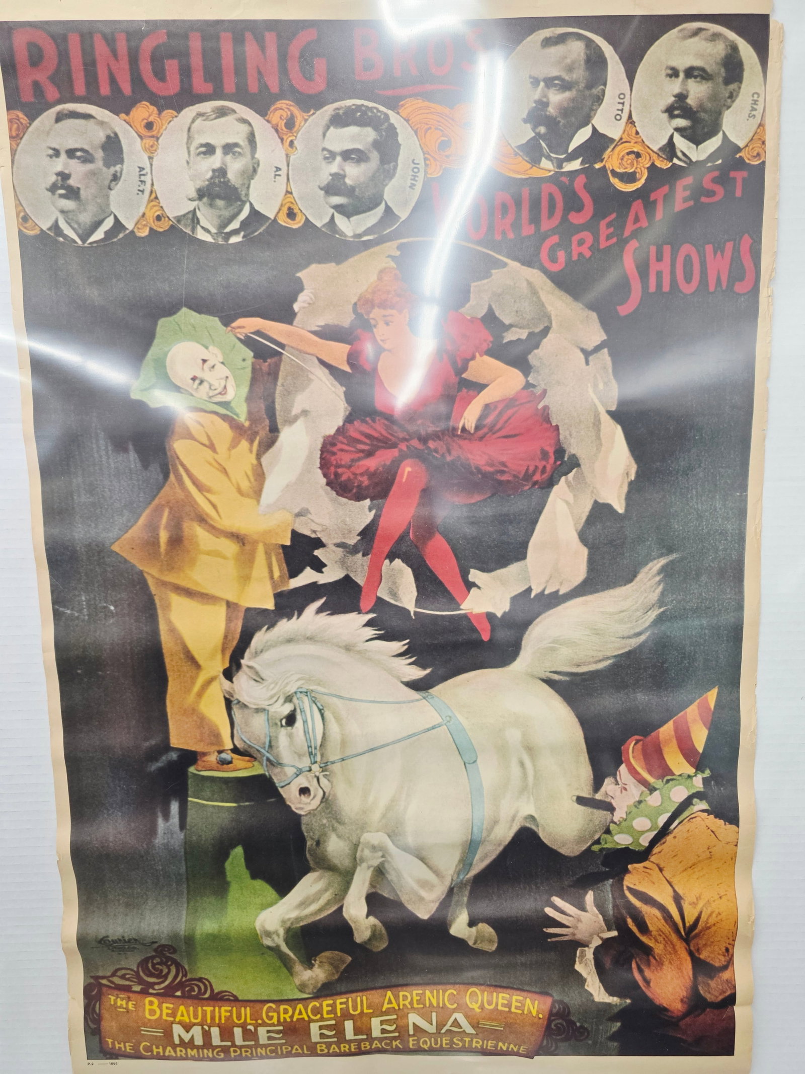 Large 1970s reproduction vintage poster featuring the Ringling Bros. Circus: reproduction vintage poster featuring the Ringling Bros. Circus, likely printed in the 1970s. Subject: The poster depicts "M'lle Elena," billed as a "beautiful graceful arenic queen" and "charming pri