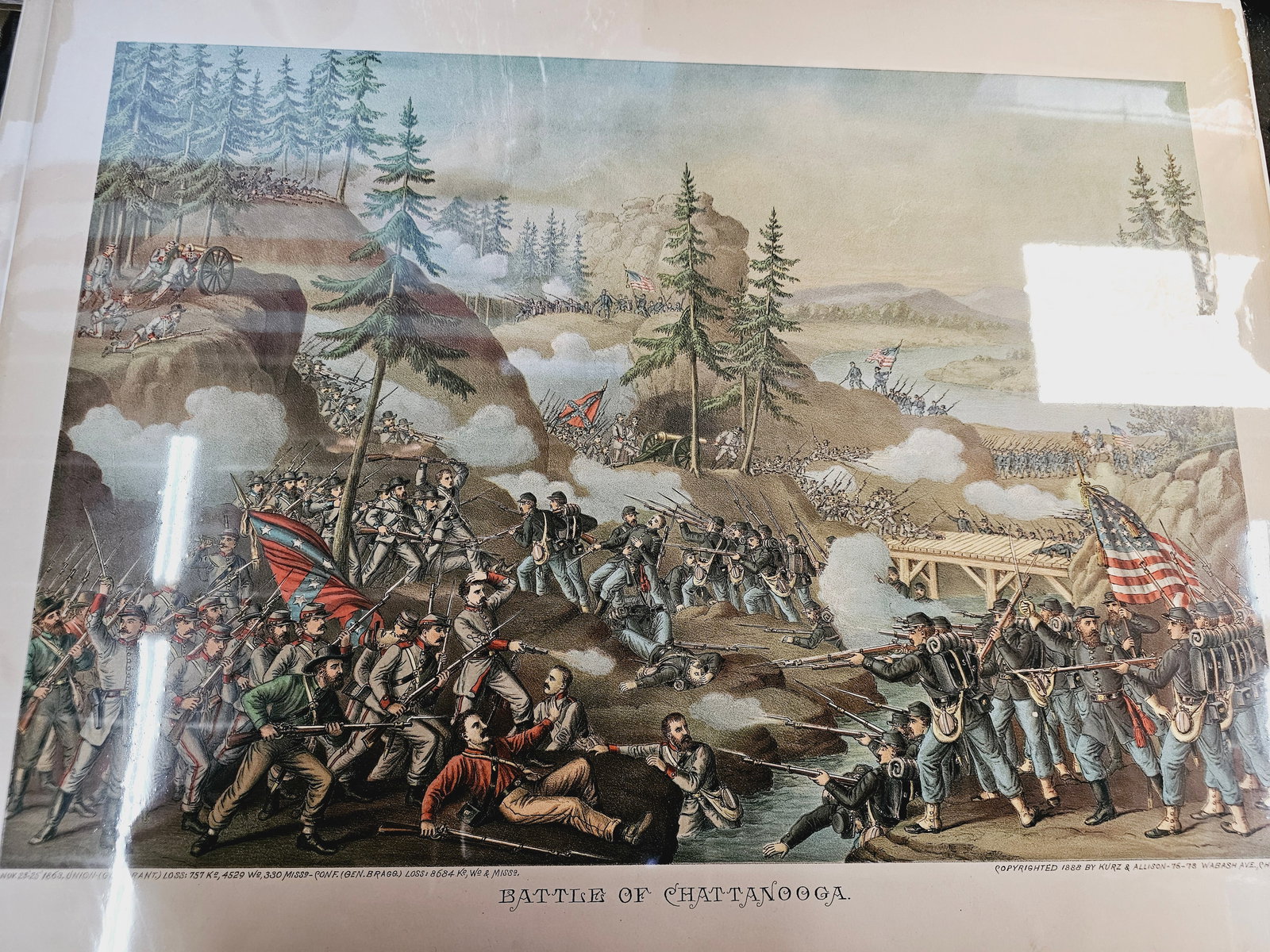 Larger 28X22 and much older print of the Kurz and Alison Chromolitograph: 1888 Kurz and Allison chromolithograph titled "Battle of Chattanooga".Historical Context: The print depicts the American Civil War Battle of Chattanooga, which occurred between November 23-25, 1863, s