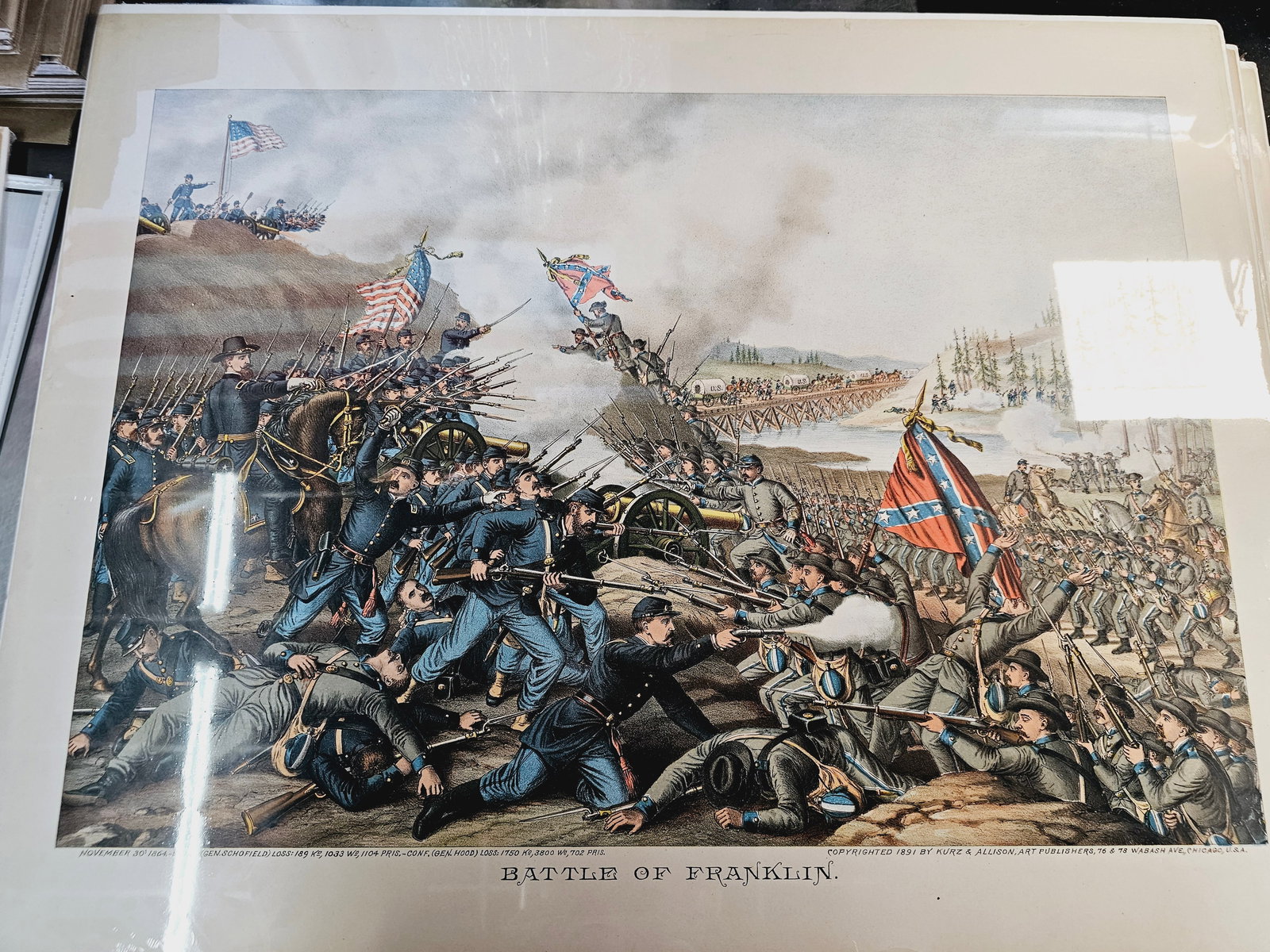 Larger 28X22 and much older print of the Kurz and Alison Chromolitograph: Minor foxing on the edges and some minor damage on the edges of the litograph only. Very old, preserved in plastic with backing. Produced by the Chicago-based firm Kurz and Allison, known for creating