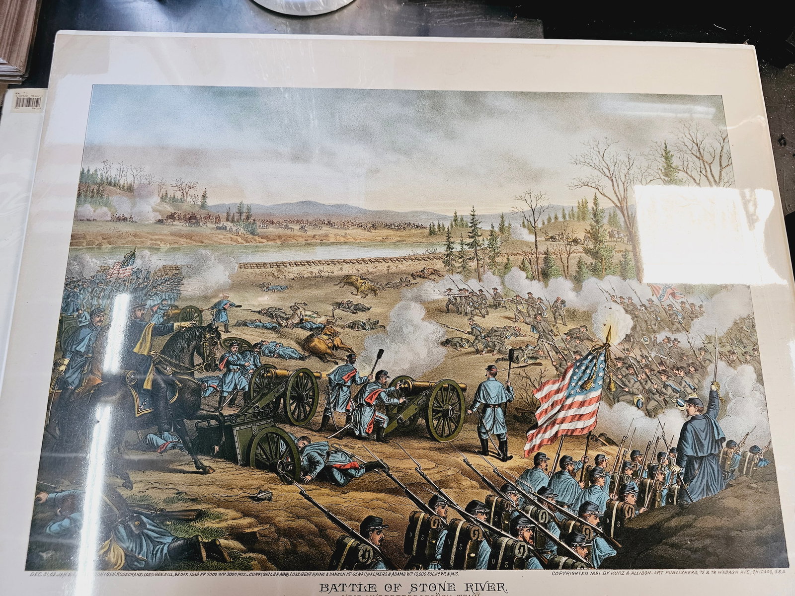 Larger 28X22 and much older print of the Kurz and Alison Chromolitograph: Minor foxing on the edges and some minor damage on the edges of the litograph only. Very old, preserved in plastic with backing. Produced by the Chicago-based firm Kurz and Allison, known for creating