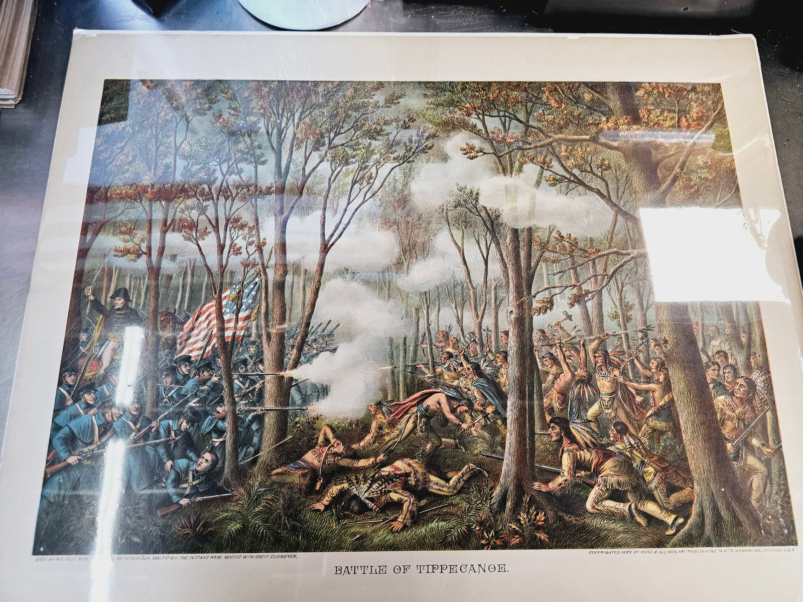 Larger 28X22 and much older print of the Kurz and Alison Chromolitograph: Minor foxing on the edges and some minor damage on the edges of the litograph only. Very old, preserved in plastic with backing. Produced by the Chicago-based firm Kurz and Allison, known for creating