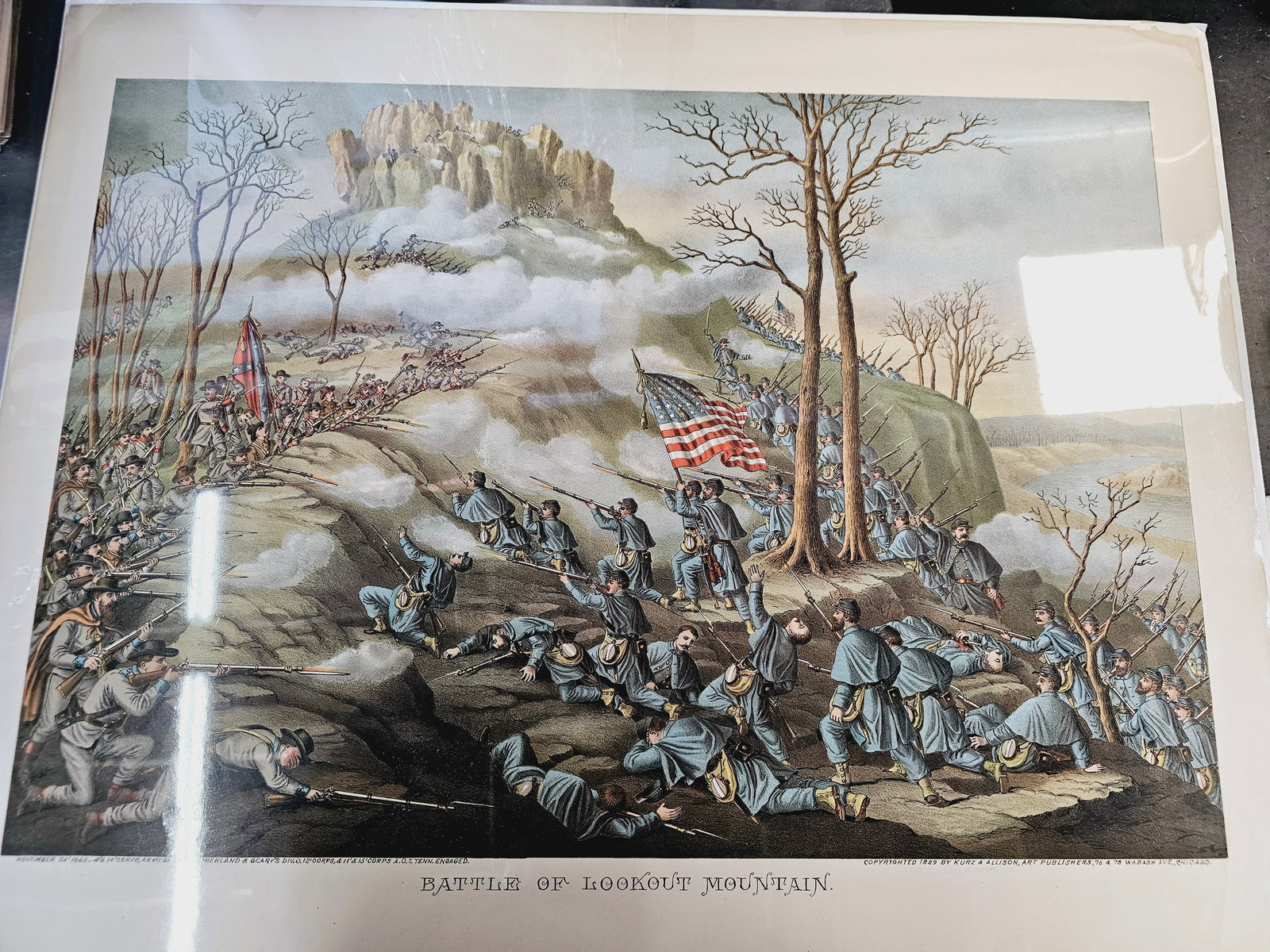Larger 28X22 and much older print of the Kurz and Alison Chromolitograph: Minor foxing on the edges and some minor damage on the edges of the litograph only. Very old, preserved in plastic with backing. Produced by the Chicago-based firm Kurz and Allison, known for creating