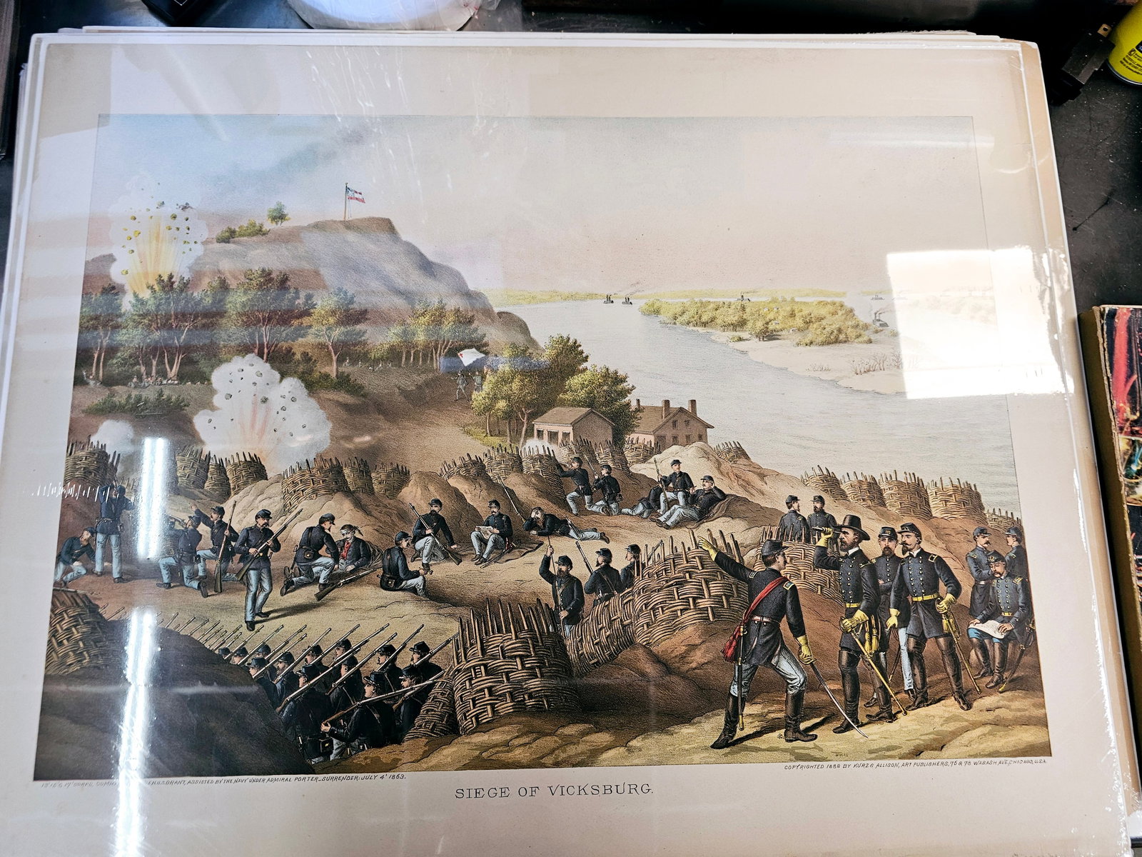 Larger 28X22 and much older print of the Kurz and Alison Chromolitograph: Minor foxing on the edges and some minor damage on the edges on the matte part only. Very old, preserved in plastic with backing. Produced by the Chicago-based firm Kurz and Allison, known for creatin