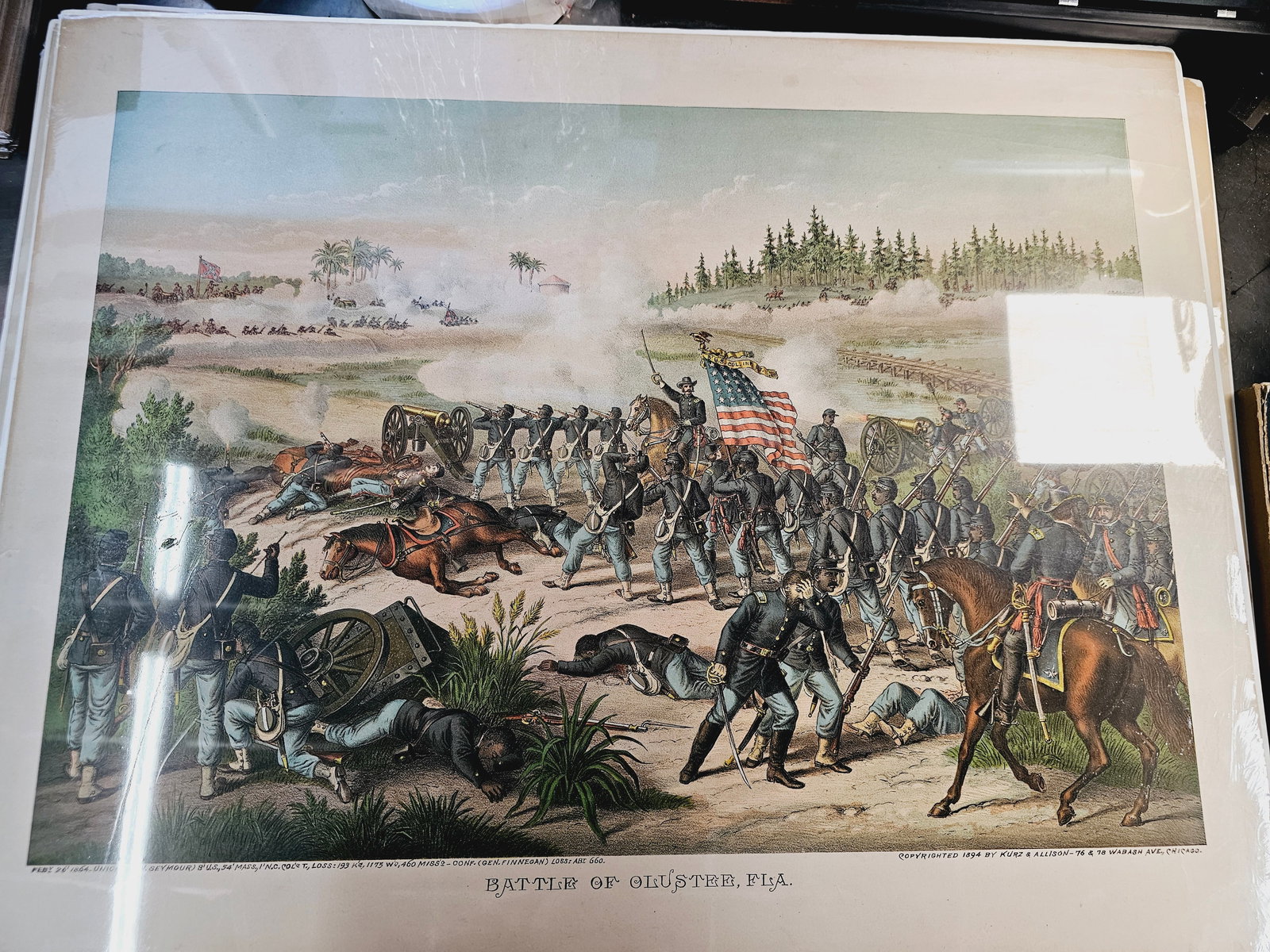 Larger 28X22 and much older print of the Kurz and Alison Chromolitograph: Minor foxing on the edges and some minor damage on the edges on the matte part only. . Very old, preserved in plastic with backing. Produced by the Chicago-based firm Kurz and Allison, known for creat