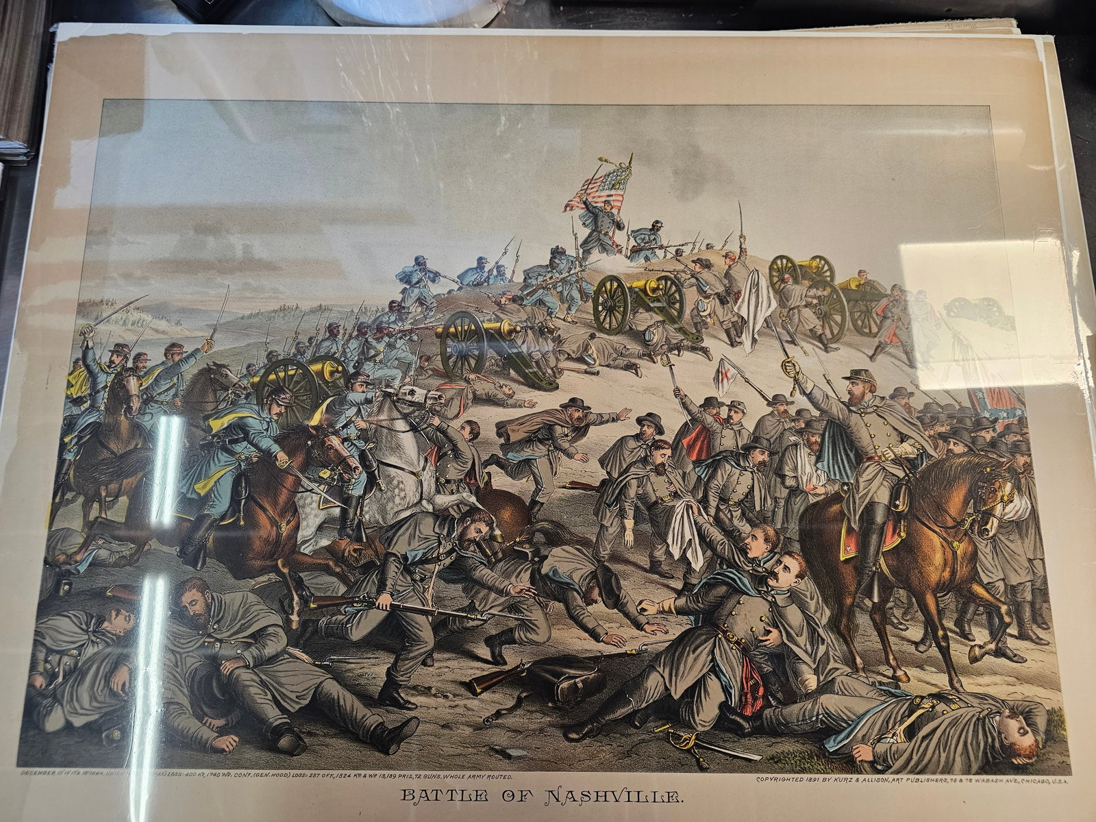 Larger 28X22 and much older print of the Kurz and Alison Chromolitograph: Minor foxing on the edges and some minor damage on the edges on the matte part only. . Very old, preserved in plastic with backing. Produced by the Chicago-based firm Kurz and Allison, known for creat