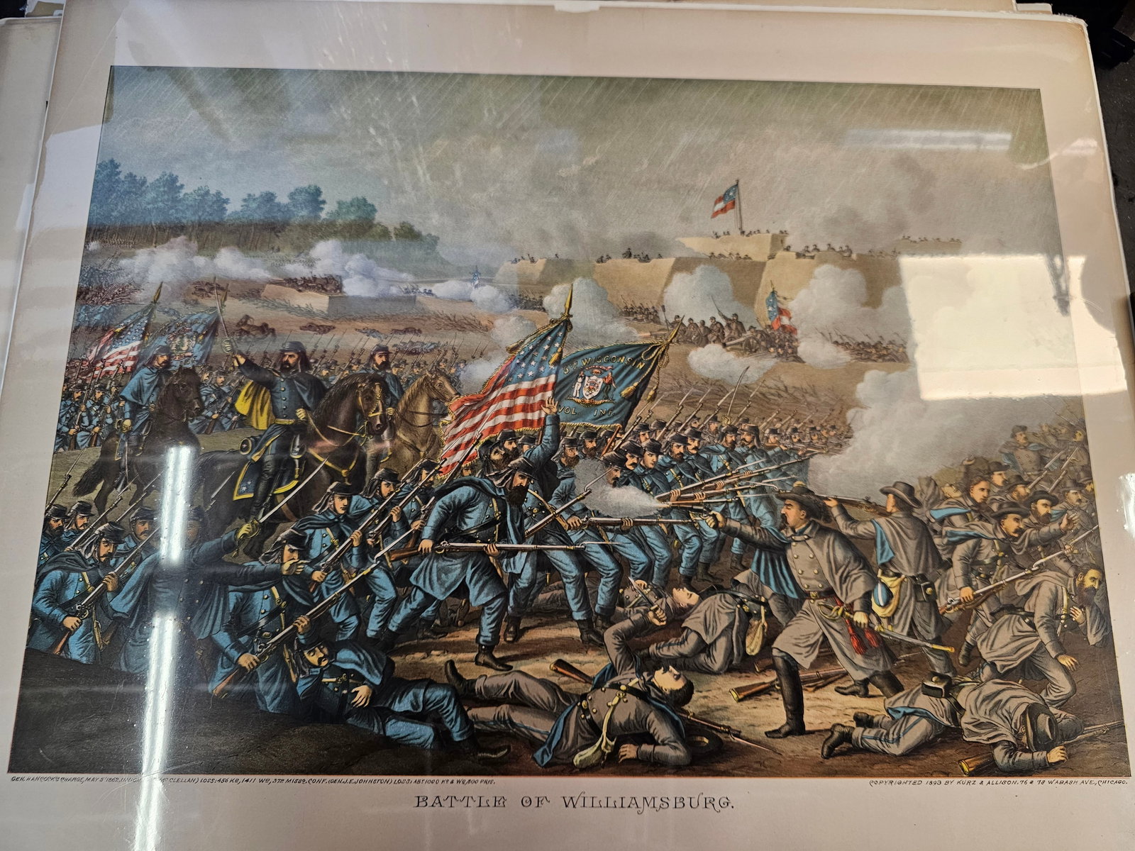 Larger 28X22 and much older print of the Kurz and Alison Chromolitograph: Minor foxing on the edges and some minor damage on the edges on the matte part only. Very old, preserved in plastic with backing. Produced by the Chicago-based firm Kurz and Allison, known for creatin