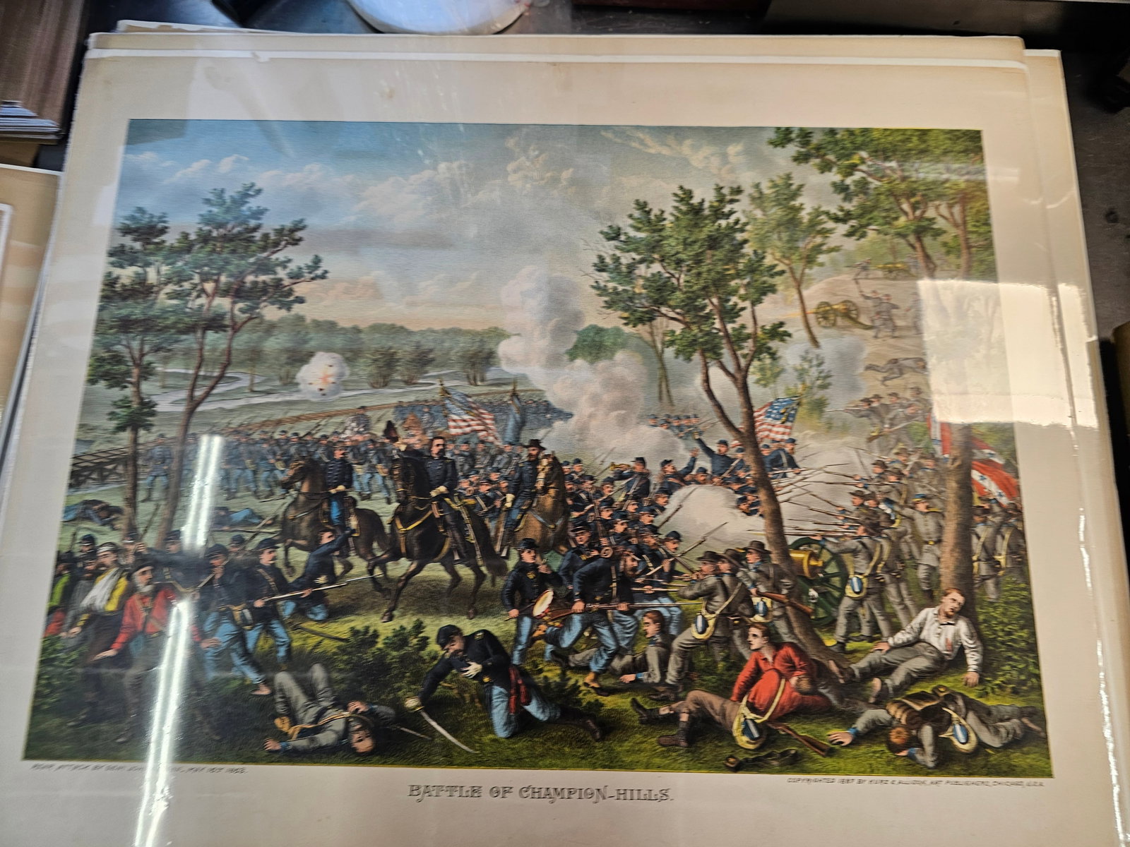 Larger 28X22 and much older print of the Kurz and Alison Chromolitograph: Minor foxing on the edges and some minor damage on the edges of the litograph only. Very old, preserved in plastic with backing. Produced by the Chicago-based firm Kurz and Allison, known for creating