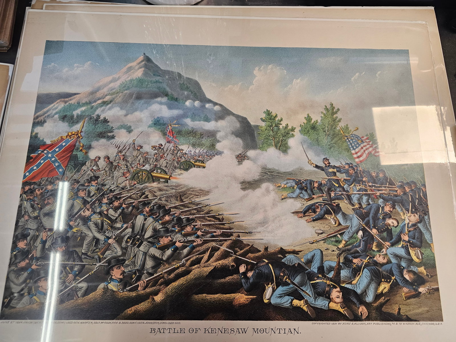 Larger 28X22 and much older print of the Kurz and Alison Chromolitograph: Minor foxing on the edges and some minor damage on the edges on the matte part only. Very old, preserved in plastic with backing. Produced by the Chicago-based firm Kurz and Allison, known for creatin