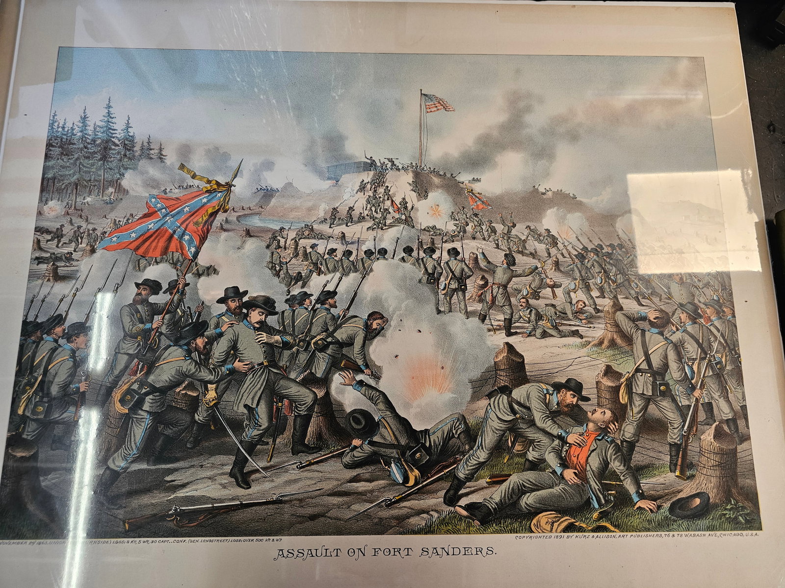 Larger 28X22 and much older print of the Kurz and Alison Chromolitograph: Minor foxing on the edges and some minor damage on the edges on the matte part only. Very old, preserved in plastic with backing. Produced by the Chicago-based firm Kurz and Allison, known for creatin