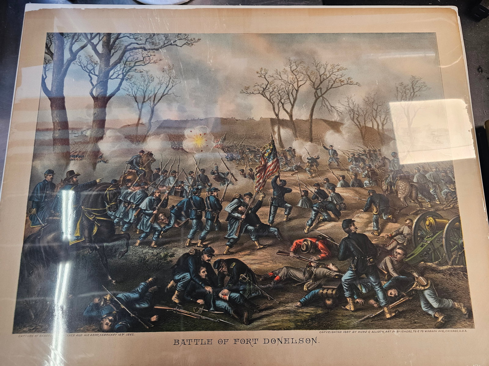 Larger 28X22 and much older print of the Kurz and Alison Chromolitograph: Minor foxing on the edges and some minor damage on the edges on the matte part only. . Very old, preserved in plastic with backing. Produced by the Chicago-based firm Kurz and Allison, known for creat