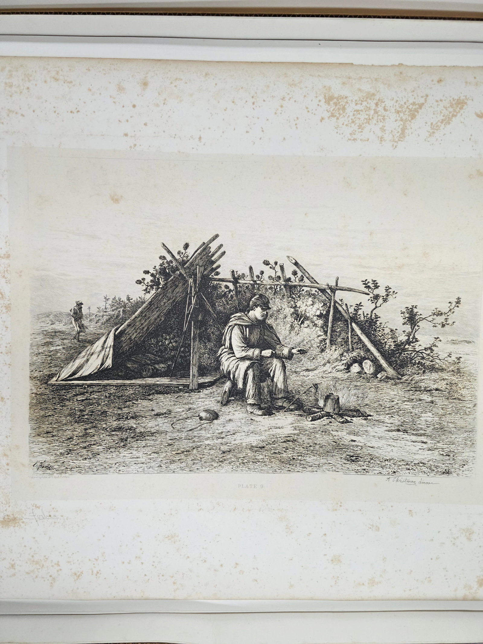 Original copper plate etching by artist Edwin Forbes SIGNED IN PENCIL BY ARTIST no.9: Foxing on the matte part (Passe-partout), minor on the plate part. Please note that foxing can be professionally removed. Original copper plate etching by artist Edwin Forbes SIGNED IN PENCIL BY ARTIS