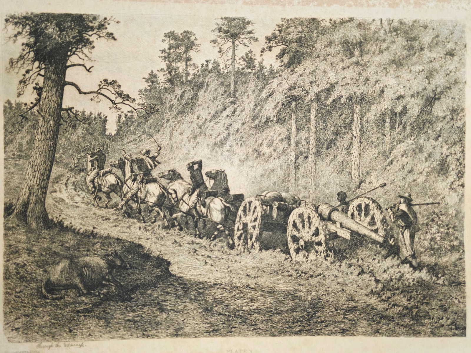Original copper plate etching by artist Edwin Forbes SIGNED IN PENCIL BY ARTIST no.3: Extensive Foxing on the matte border part (Passe-partout), some on the plate part. Please note that foxing can be professionally removed.Original copper plate etching by artist Edwin Forbes SIGNED IN 