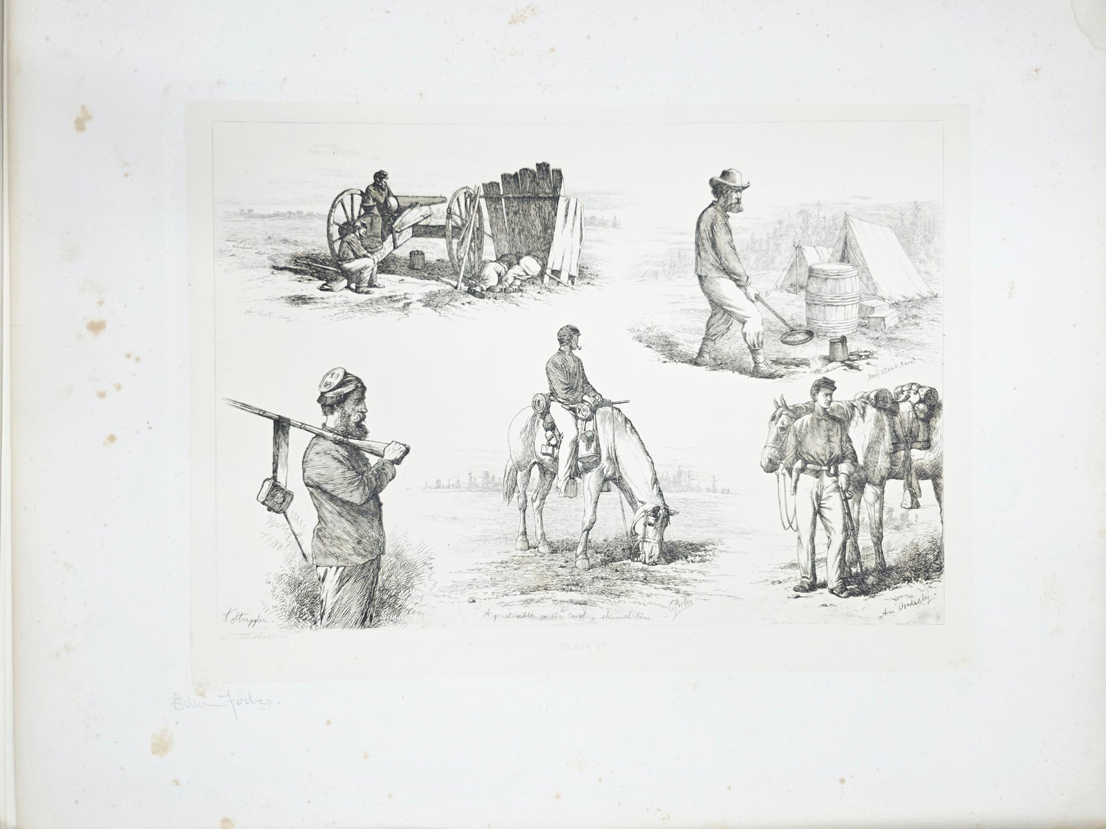 Original copper plate etching by artist Edwin Forbes SIGNED IN PENCIL BY ARTIST no.27: Minor Foxing on the matte border part (Passe-partout), none or very minor on the plate part. Original copper plate etching by artist Edwin Forbes SIGNED IN PENCIL BY ARTIST From "Life Studies of the G