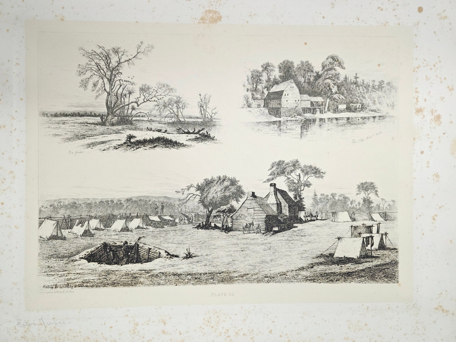 Original copper plate etching by artist Edwin Forbes SIGNED IN PENCIL BY ARTIST no.22: Minor Foxing on the matte border part (Passe-partout), none or very minor on the plate part. Original copper plate etching by artist Edwin Forbes SIGNED IN PENCIL BY ARTIST From "Life Studies of the G