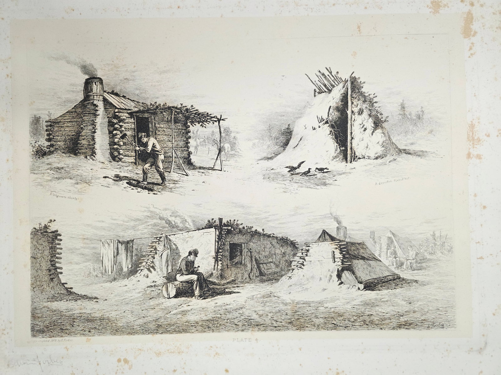 Original copper plate etching by artist Edwin Forbes SIGNED IN PENCIL BY ARTIST no.4: Minor Foxing on the matte border part (Passe-partout), none or very minor on the plate part. Original copper plate etching by artist Edwin Forbes SIGNED IN PENCIL BY ARTIST From "Life Studies of the G