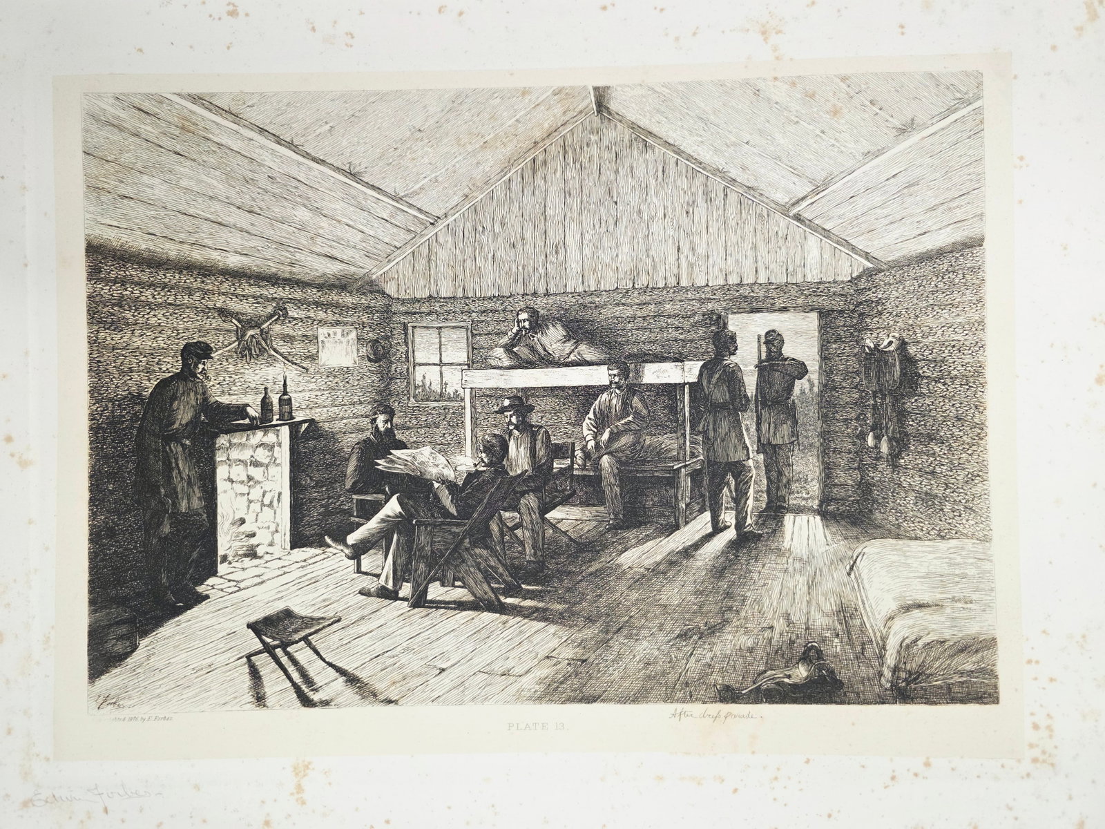 Original copper plate etching by artist Edwin Forbes SIGNED IN PENCIL BY ARTIST no.13: Foxing on the matte part (Passe-partout), minor on the plate part. Original copper plate etching by artist Edwin Forbes SIGNED IN PENCIL BY ARTIST From "Life Studies of the Great Army," a portfolio of