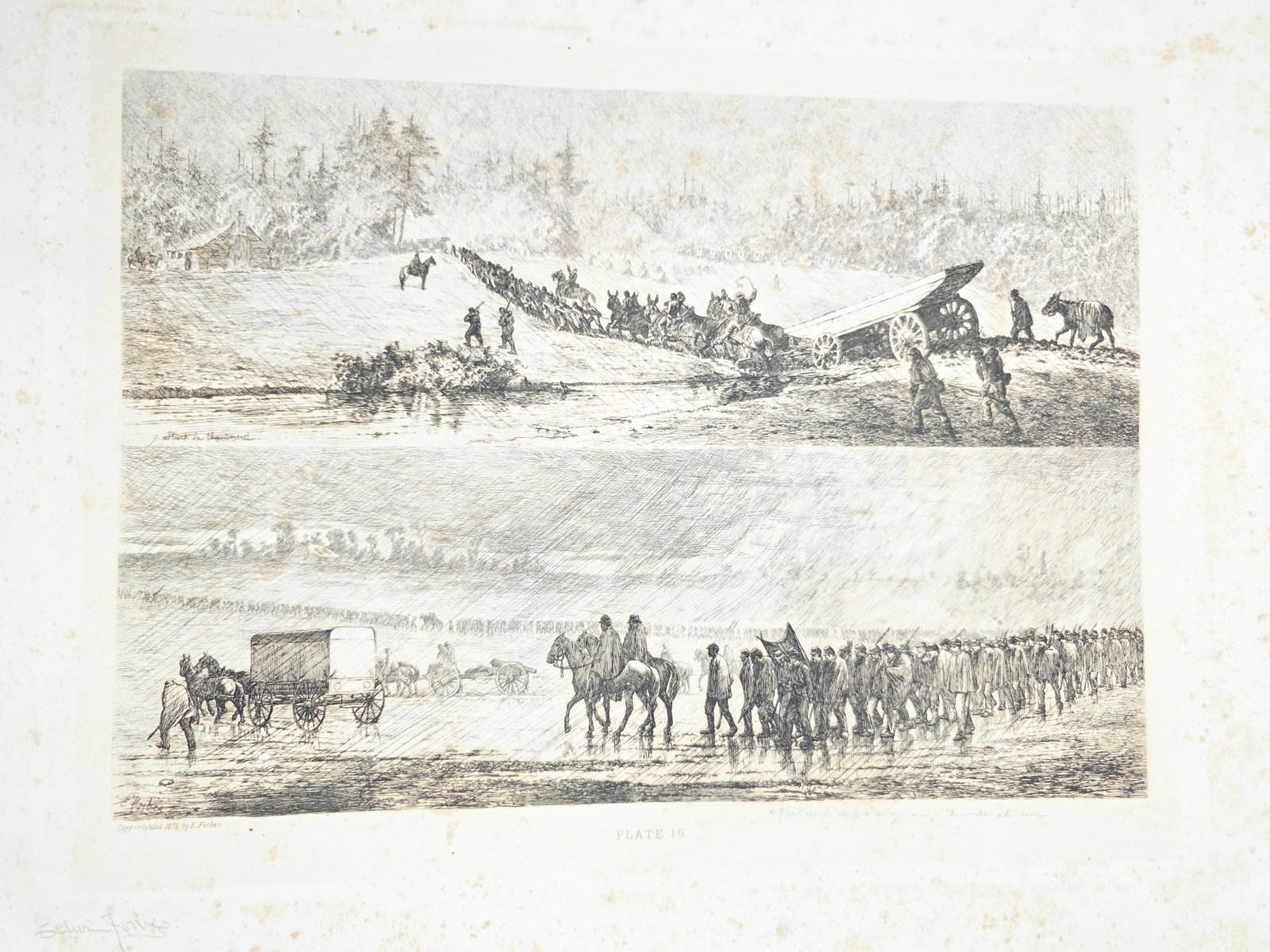 Original copper plate etching by artist Edwin Forbes SIGNED IN PENCIL BY ARTIST no.19: Extensive Foxing on the matte part (Passe-partout), foxing present on the plate part. Please note that foxing can be professionally removed. Original copper plate etching by artist Edwin Forbes SIGNED