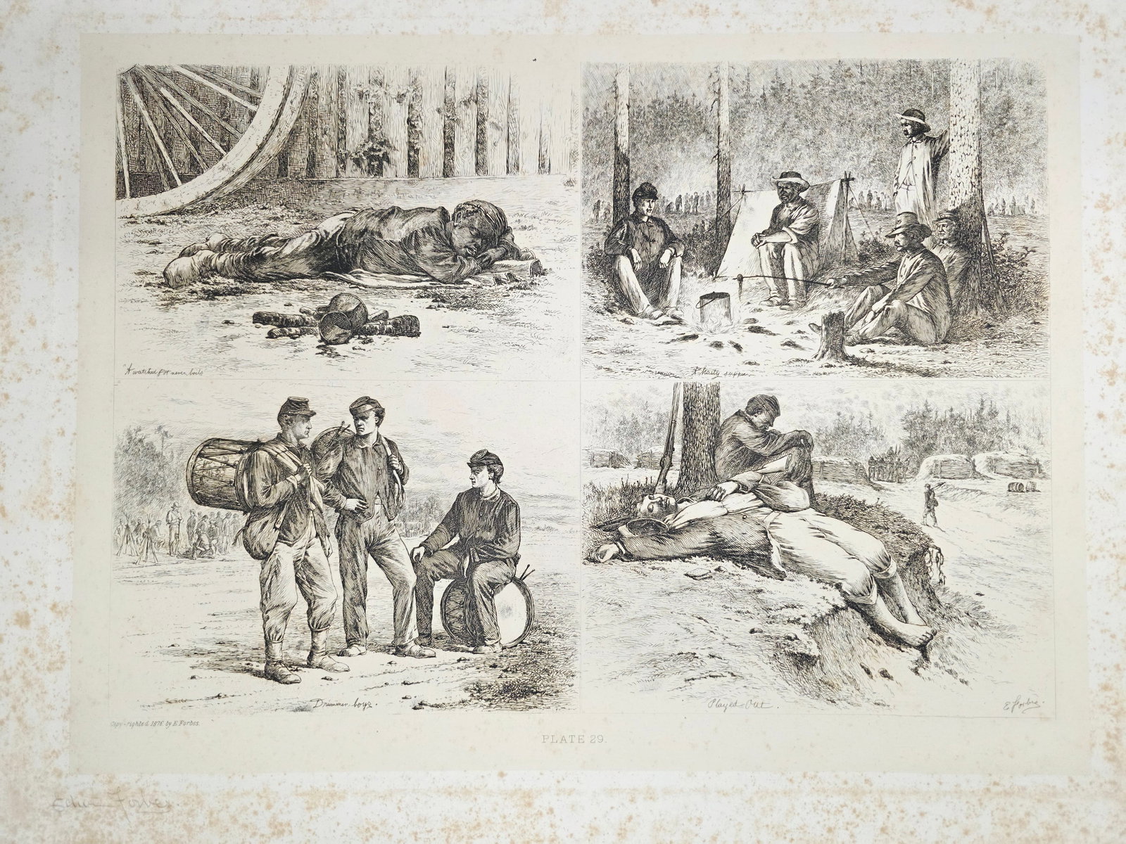 Original copper plate etching by artist Edwin Forbes SIGNED IN PENCIL BY ARTIST no.29: minor Foxing on the matte part (Passe-partout), very minor on the plate part. Original copper plate etching by artist Edwin Forbes SIGNED IN PENCIL BY ARTIST From "Life Studies of the Great Army," a p