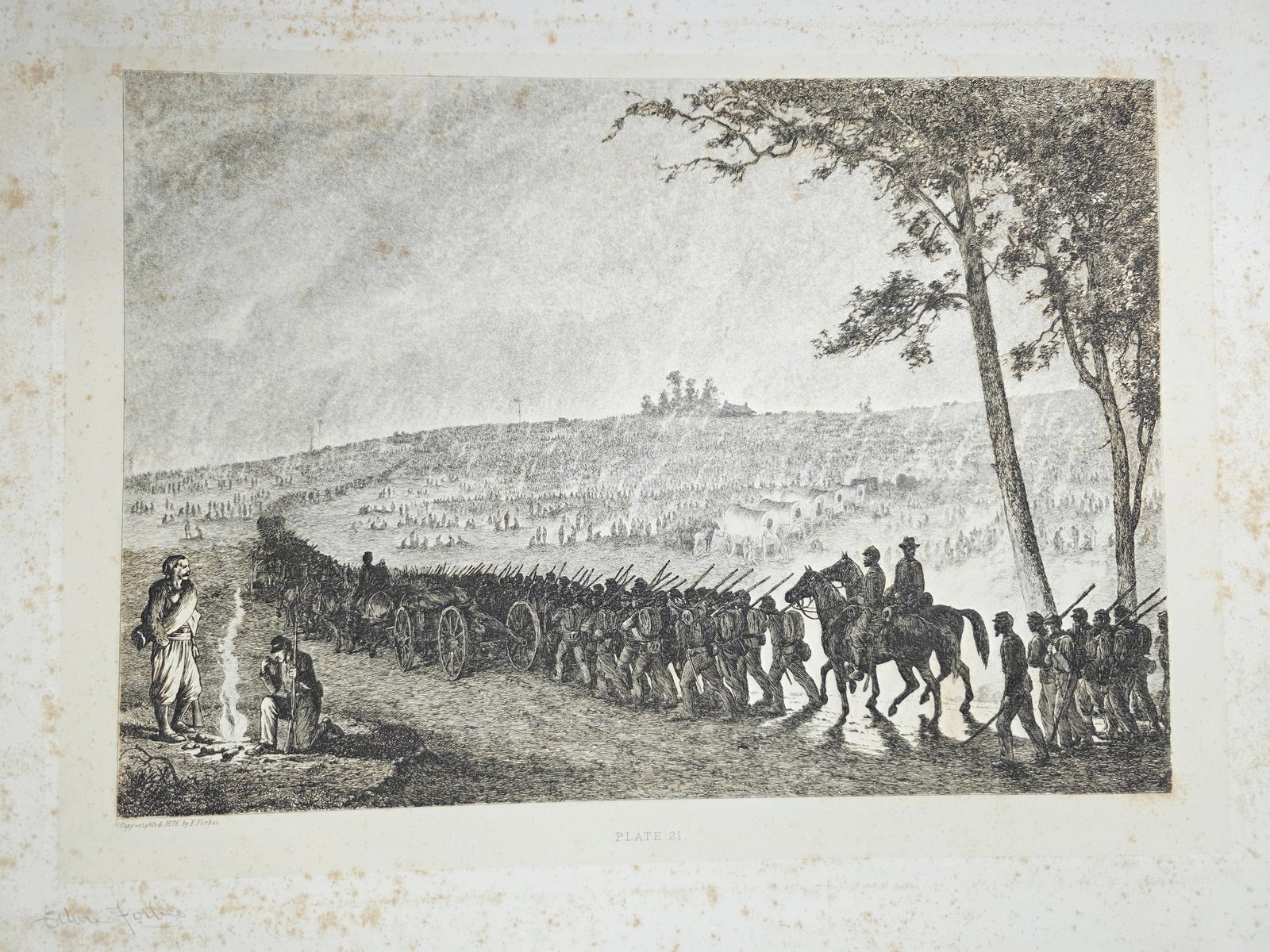Original copper plate etching by artist Edwin Forbes SIGNED IN PENCIL BY ARTIST no.21: Minor Foxing on the matte part (Passe-partout), very minor on the plate part. Original copper plate etching by artist Edwin Forbes SIGNED IN PENCIL BY ARTIST From "Life Studies of the Great Army," a p