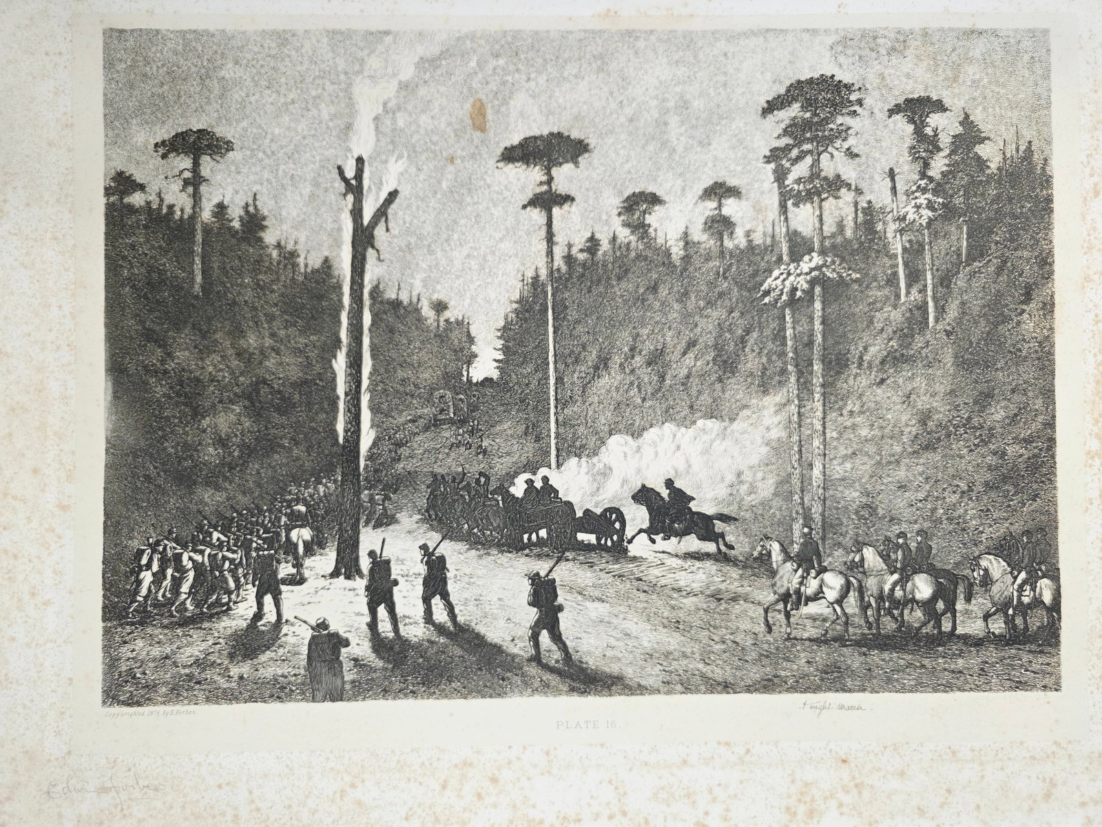Original copper plate etching by artist Edwin Forbes SIGNED IN PENCIL BY ARTIST no.16: Extensive Foxing on the matte part (Passe-partout), some on the plate part. Please note that foxing can be professionally removed. Original copper plate etching by artist Edwin Forbes SIGNED IN PENCIL