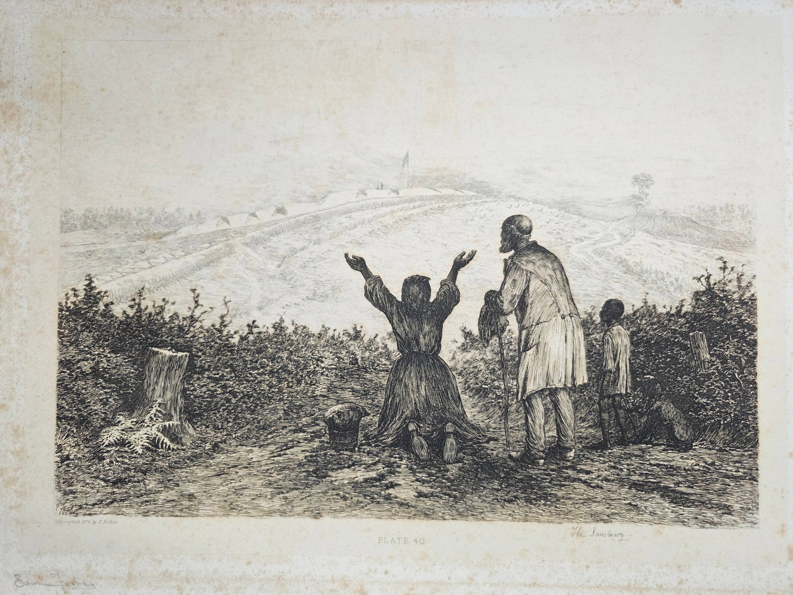 Original copper plate etching by artist Edwin Forbes SIGNED IN PENCIL BY ARTIST no.40: Foxing on the matte part (Passe-partout), someon the plate part. Please note that foxing can be professionally removed. Original copper plate etching by artist Edwin Forbes SIGNED IN PENCIL BY ARTIST 