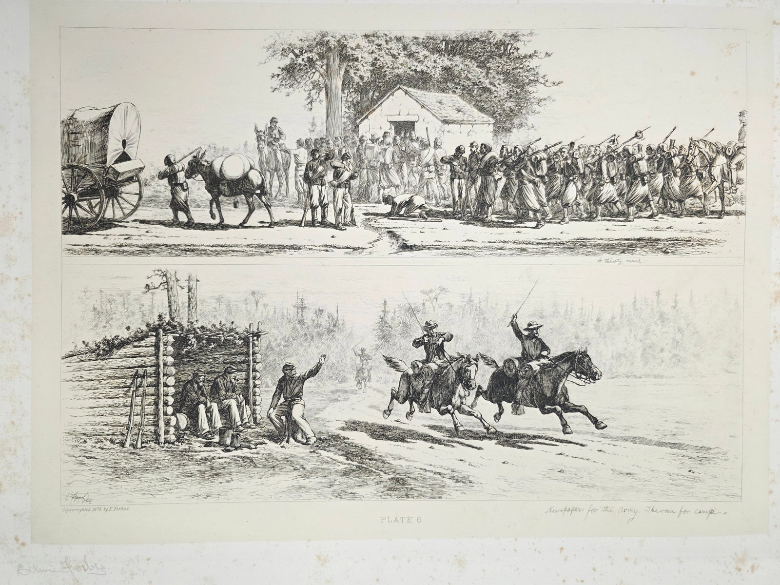 Original copper plate etching by artist Edwin Forbes SIGNED IN PENCIL BY ARTIST no.6: Minor Foxing on the matte part (Passe-partout), none or very minor on the plate part. Original copper plate etching by artist Edwin Forbes SIGNED IN PENCIL BY ARTIST From "Life Studies of the Great Ar