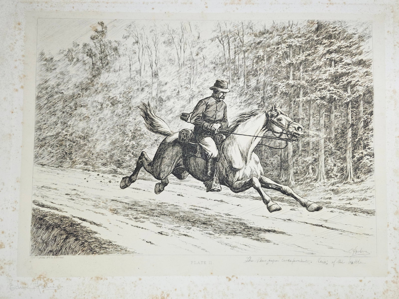 Original copper plate etching by artist Edwin Forbes SIGNED IN PENCIL BY ARTIST no.11: Foxing on the matte part (Passe-partout), very minor on the plate part. Original copper plate etching by artist Edwin Forbes SIGNED IN PENCIL BY ARTIST From "Life Studies of the Great Army," a portfol