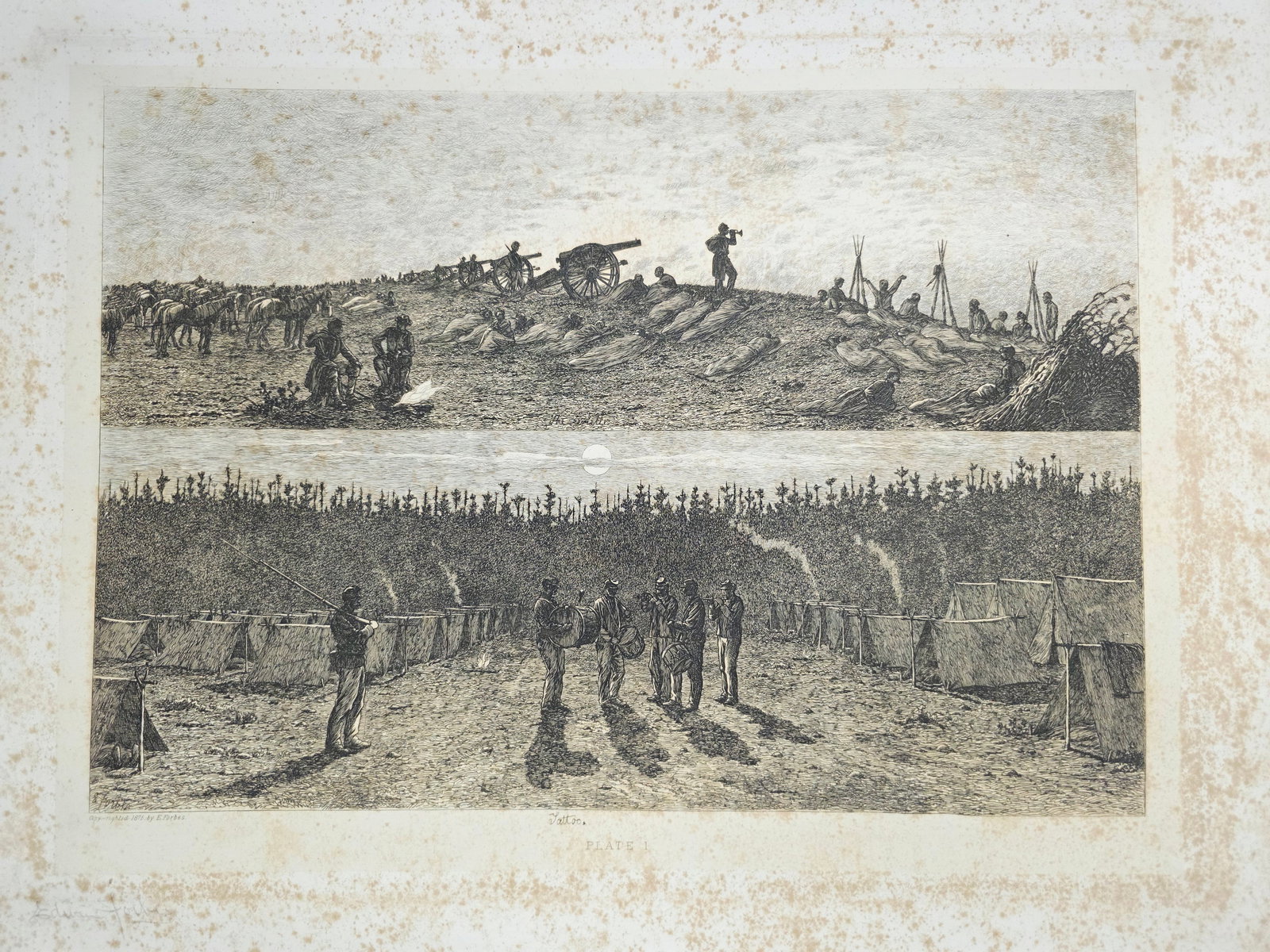 Original copper plate etching by artist Edwin Forbes SIGNED IN PENCIL BY ARTIST no.1: Extensive Foxing on the matte part (Passe-partout), foxing on the plate part. Please note that foxing can be professionally removed. Original copper plate etching by artist Edwin Forbes SIGNED IN PENC