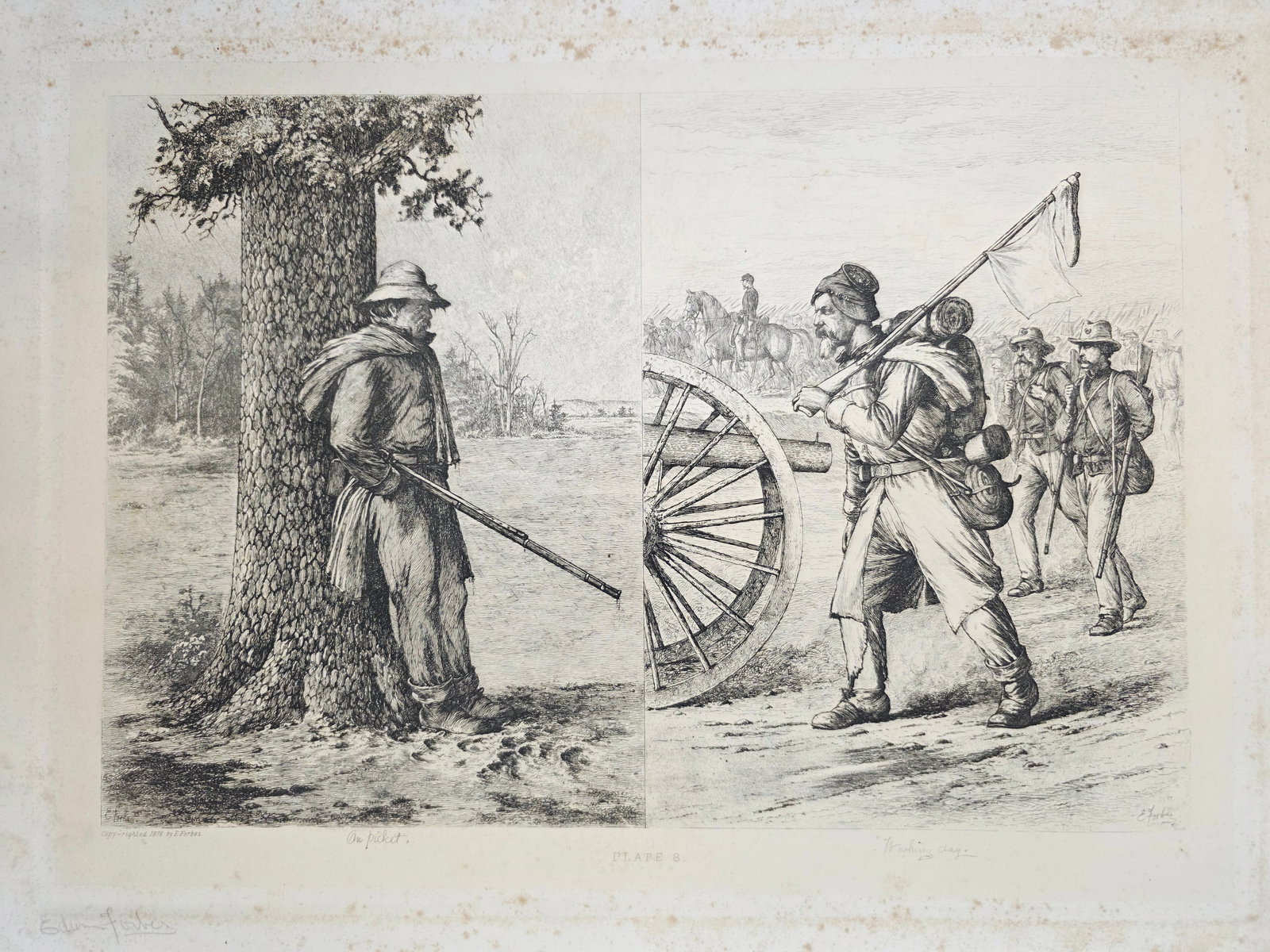 Original copper plate etching by artist Edwin Forbes SIGNED IN PENCIL BY ARTIST no.8: Foxing on the matte part (Passe-partout), very minor on the plate part. Original copper plate etching by artist Edwin Forbes SIGNED IN PENCIL BY ARTIST From "Life Studies of the Great Army," a portfol