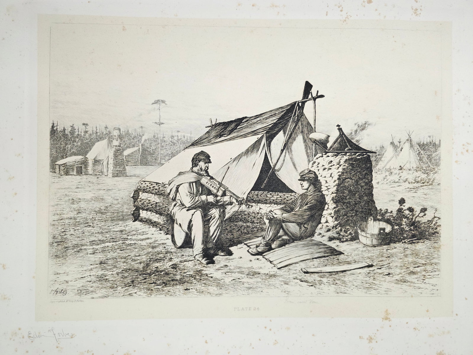 Original copper plate etching by artist Edwin Forbes SIGNED IN PENCIL BY ARTIST no.24: Foxing on the matte part (Passe-partout), minor on the plate part. Original copper plate etching by artist Edwin Forbes SIGNED IN PENCIL BY ARTIST From "Life Studies of the Great Army," a portfolio of