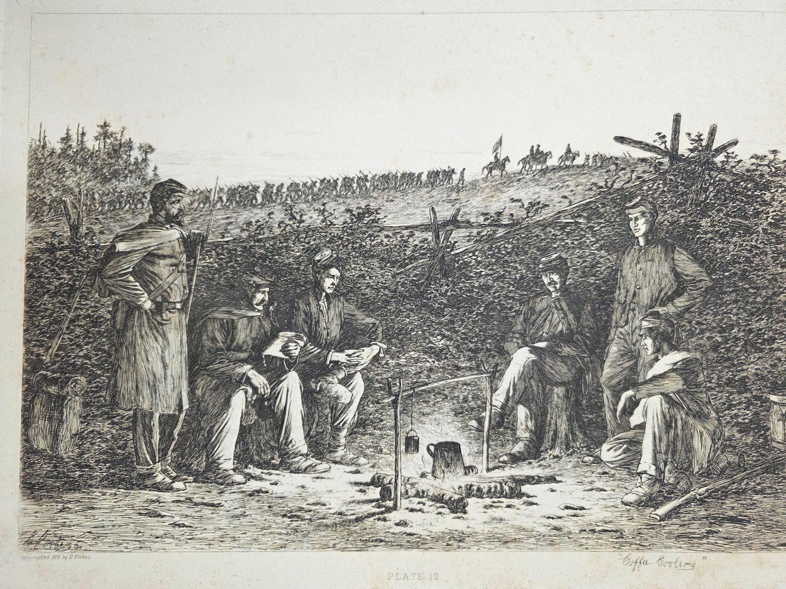 Original copper plate etching by artist Edwin Forbes SIGNED IN PENCIL BY ARTIST no.9: Foxing on the matte part (Passe-partout), minor on the plate part. Original copper plate etching by artist Edwin Forbes SIGNED IN PENCIL BY ARTIST From "Life Studies of the Great Army," a portfolio of