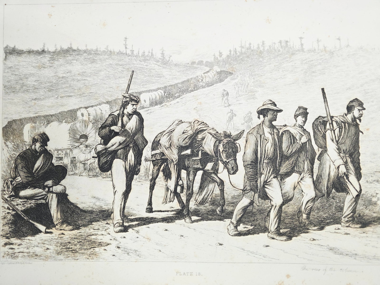 Original copper plate etching by artist Edwin Forbes SIGNED IN PENCIL BY ARTIST no.9: Foxing on the matte part (Passe-partout), minor on the plate part. Original copper plate etching by artist Edwin Forbes SIGNED IN PENCIL BY ARTIST From "Life Studies of the Great Army," a portfolio of