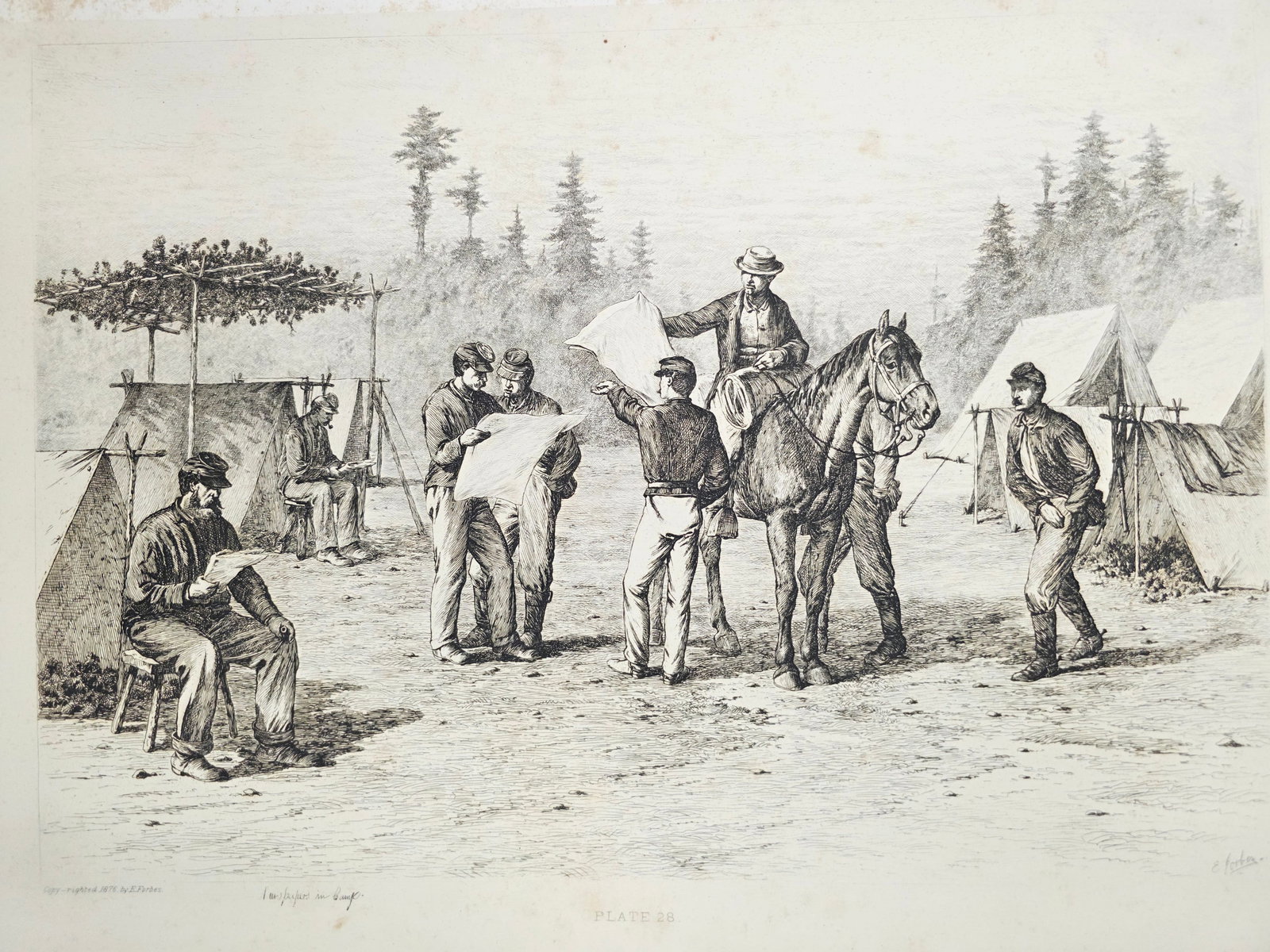 Original copper plate etching by artist Edwin Forbes SIGNED IN PENCIL BY ARTIST no.9: Foxing on the matte part (Passe-partout), minor on the plate part. Original copper plate etching by artist Edwin Forbes SIGNED IN PENCIL BY ARTIST From "Life Studies of the Great Army," a portfolio of