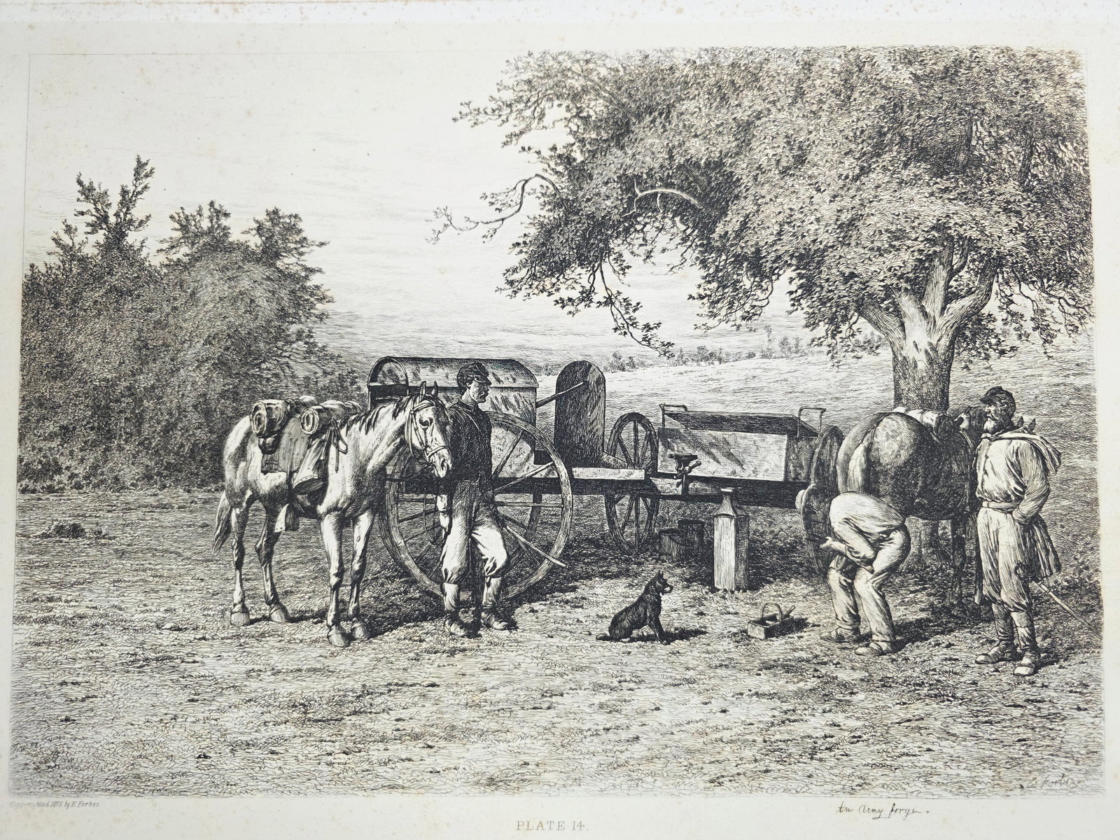 Original copper plate etching by artist Edwin Forbes SIGNED IN PENCIL BY ARTIST no.9: Foxing on the matte part (Passe-partout), minor on the plate part. Original copper plate etching by artist Edwin Forbes SIGNED IN PENCIL BY ARTIST From "Life Studies of the Great Army," a portfolio of