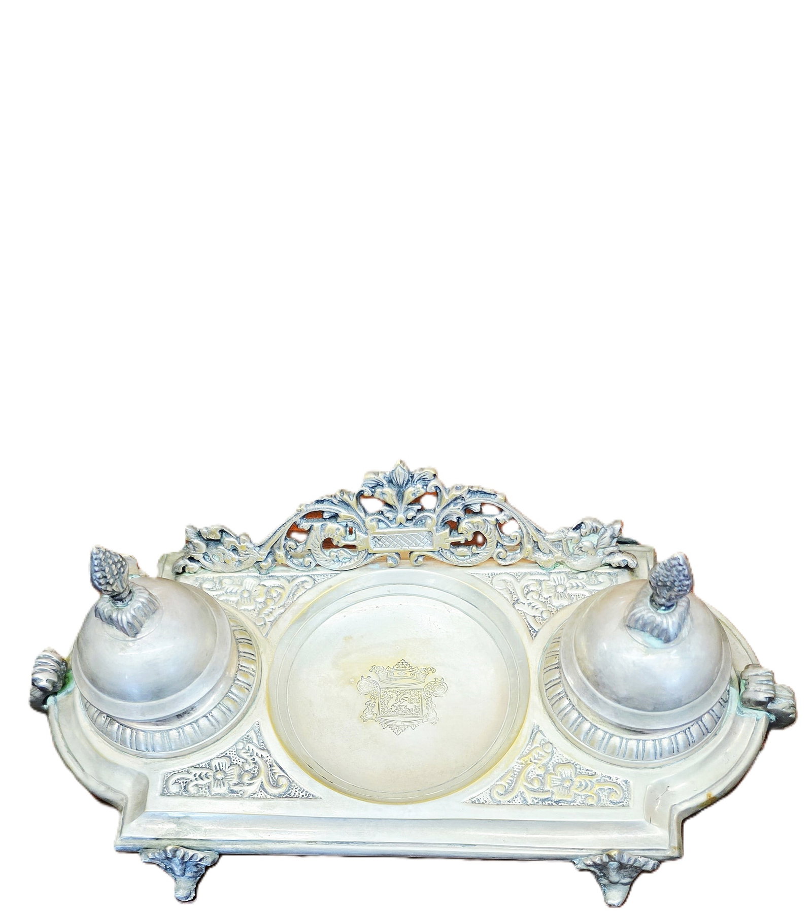 Antique Victorian ornate silver-plated double inkwell stand (1 of 8)