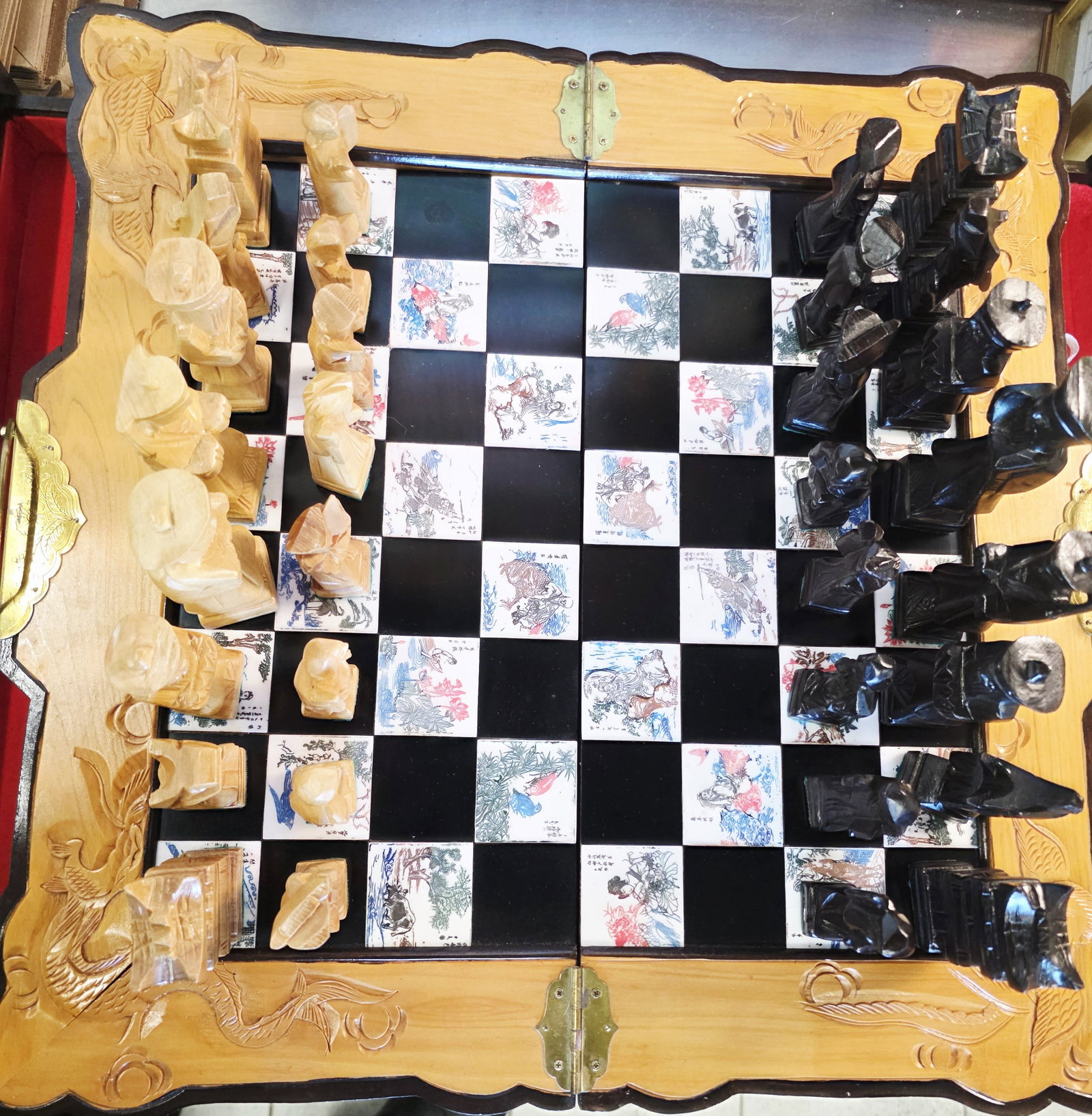 all carved wood vintage Chinese-style chess set with inlaid decorative tiles (1 of 15)