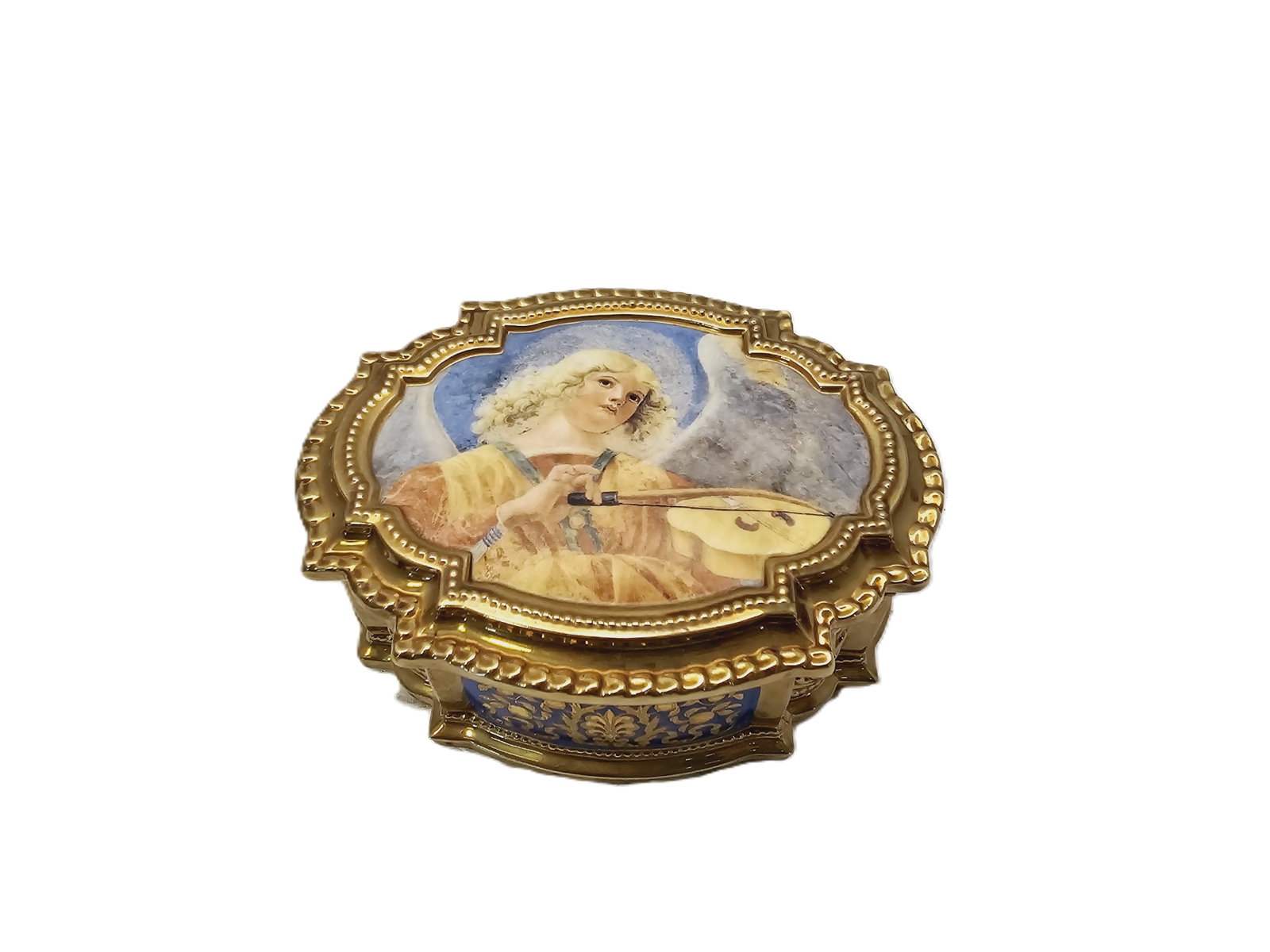 fine porcelain music box featuring blue and gold detailing: Franklin Mint The Vatican Museums Angels of the Vatican fine porcelain music box featuring blue and gold detailing.