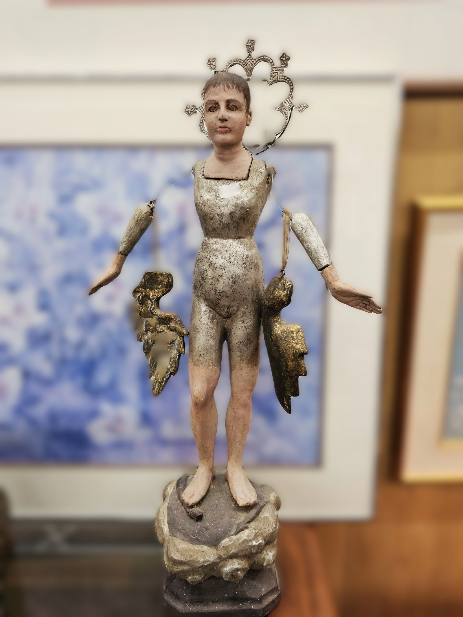 Artist made handcrafted articulated doll in the style of Spanish Santos Dolls: artist handcrafted santo doll or an articulated art doll sculpture.Style and Form: Similar dolls are often created in a Spanish Colonial style, featuring painted or carved composite materials, wire