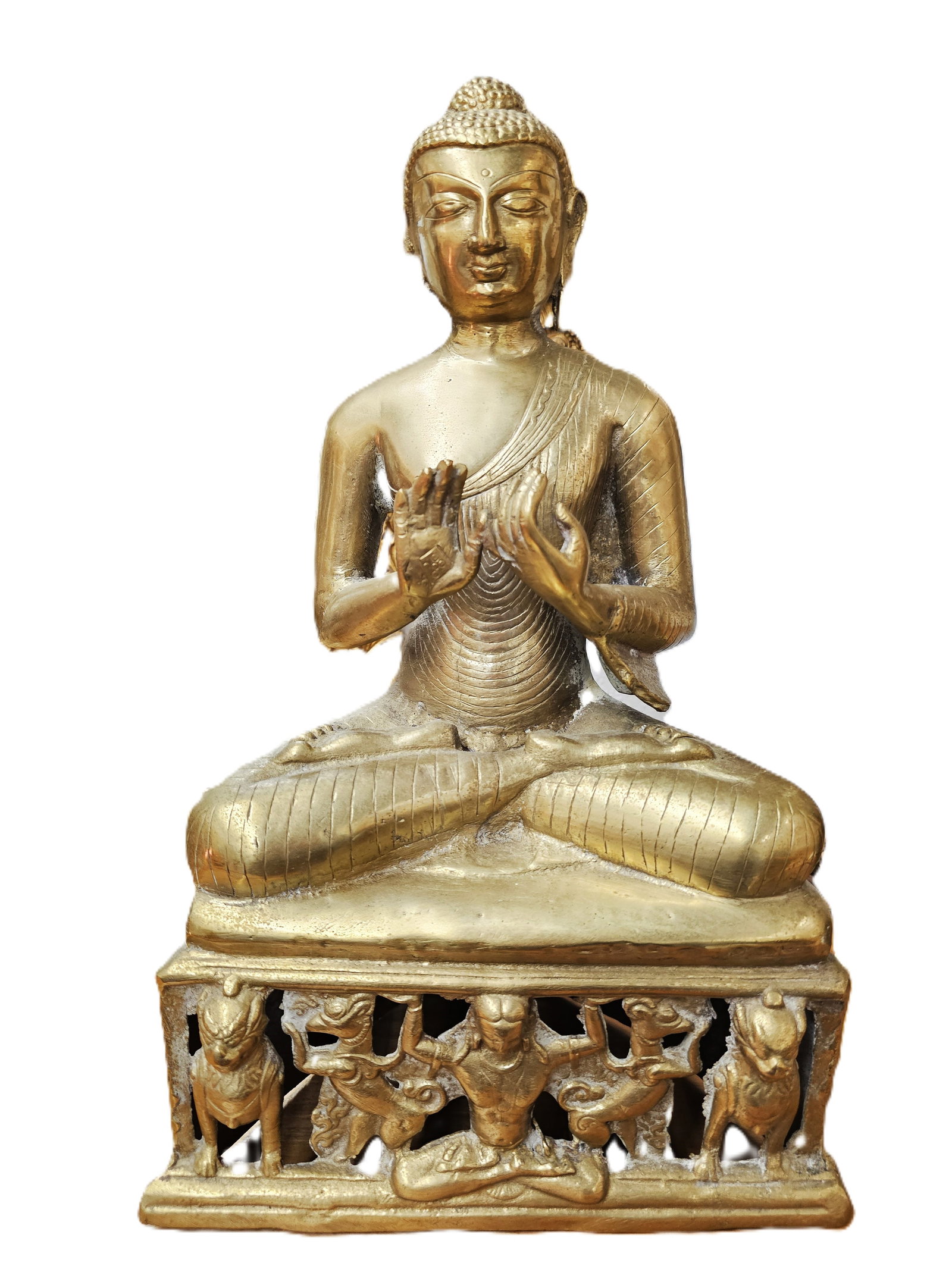 antique gilt bronze sculpture of Buddha: bronze sculpture of the seated Shakyamuni Buddha.The Buddha is depicted seated in a meditative lotus position on an openwork throne supported by lions or viyalas.His hands are held in a gesture known