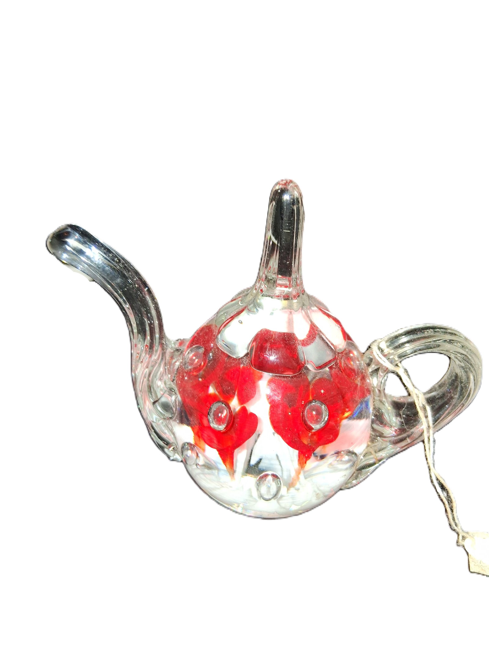 vintage Joe St. Clair art glass teapot paperweight and ring holder featuring red floral accents. (1 of 8)