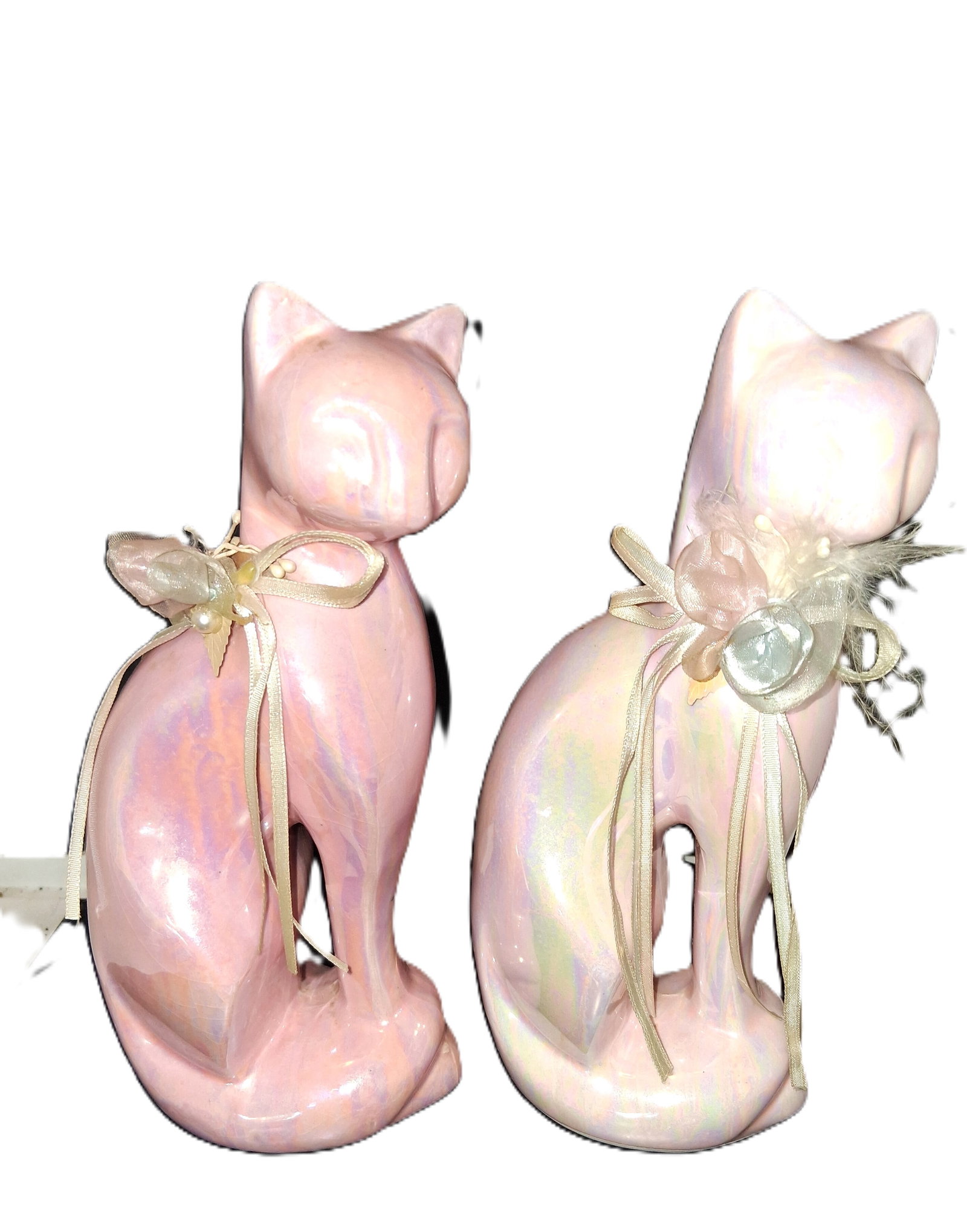 pair of vintage pink iridescent glazed ceramic cat figurines (1 of 8)