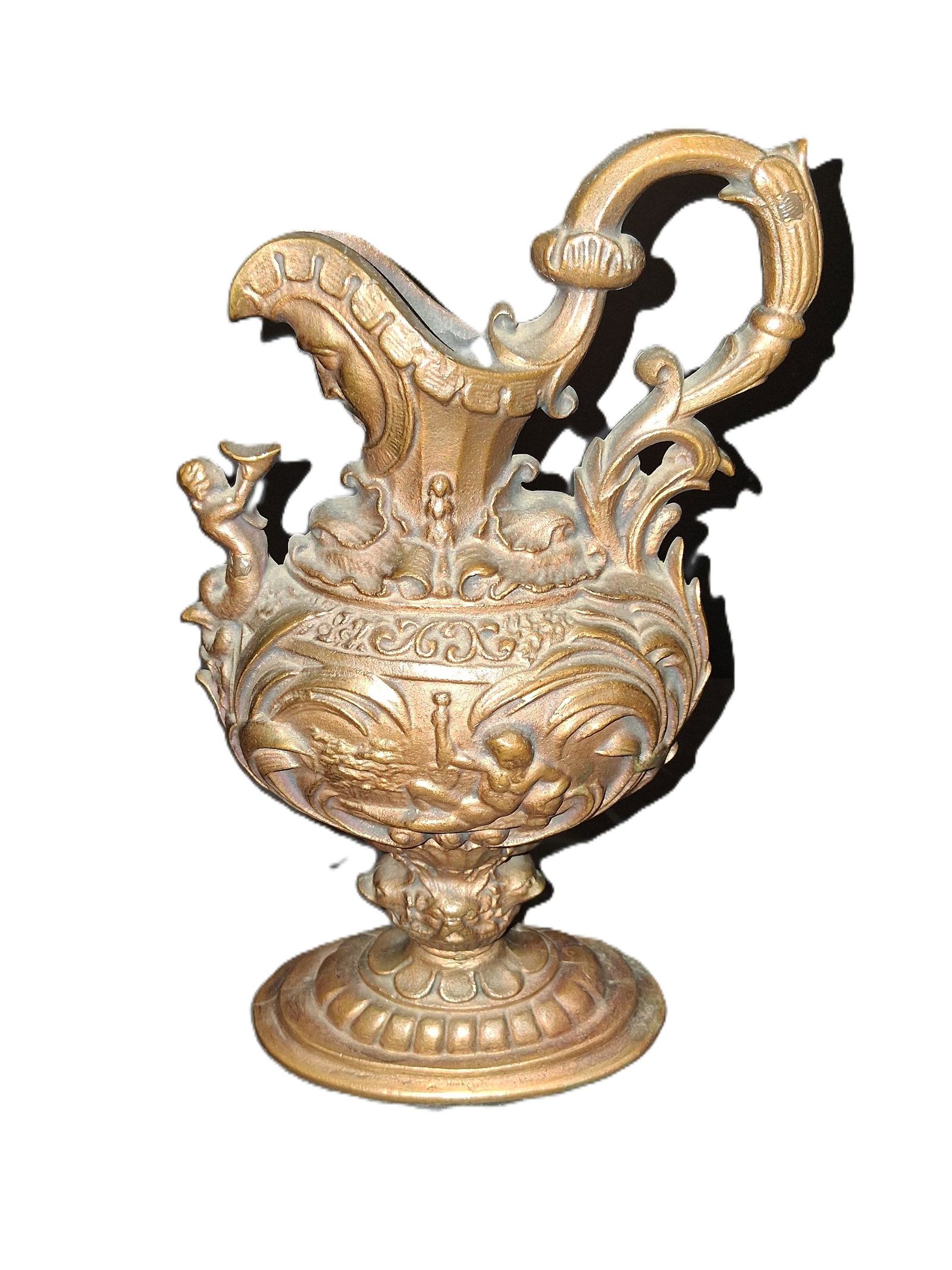 vintage or antique metalcewer with Renaissance-style relief: possibly late 19th-century presumably bronze ewer, likely French or Italian, featuring Renaissance-style relief work such as cherubs or allegorical figures.Style and Era: These ornamental jugs were
